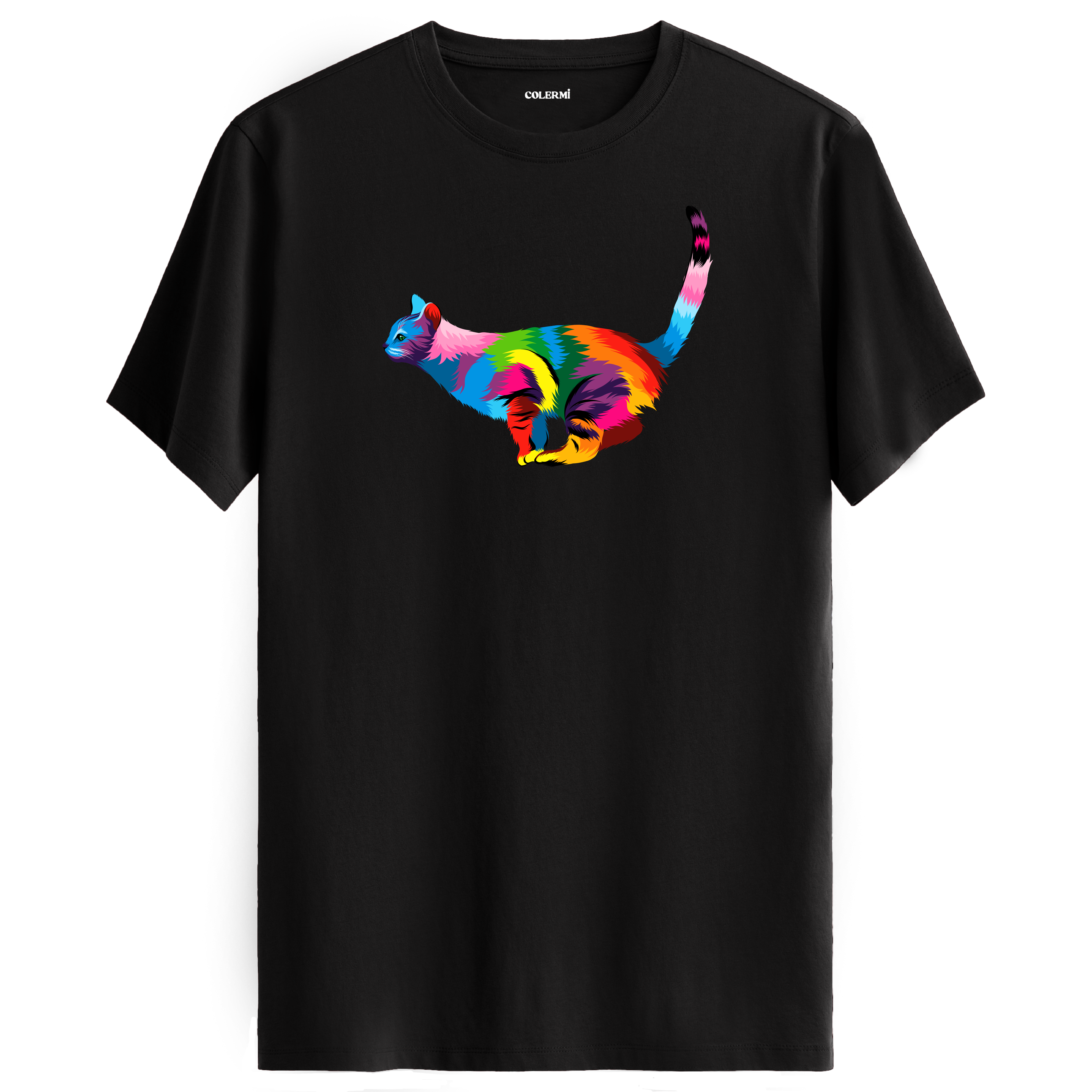 Siyah tişört üzerinde renkli Luna kedi baskısı