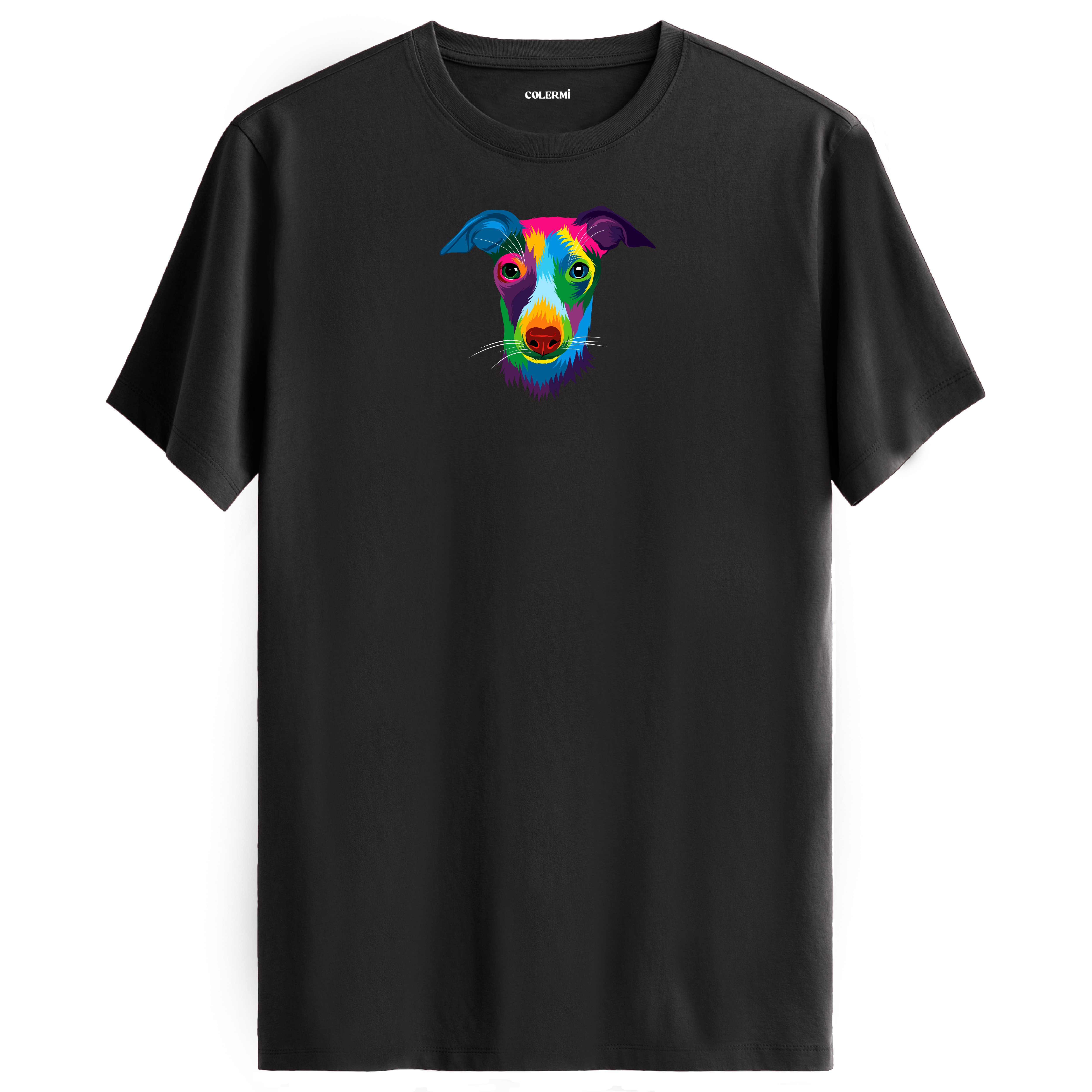 Antrasit tişört üzerinde renkli Max Whippet köpek baskısı