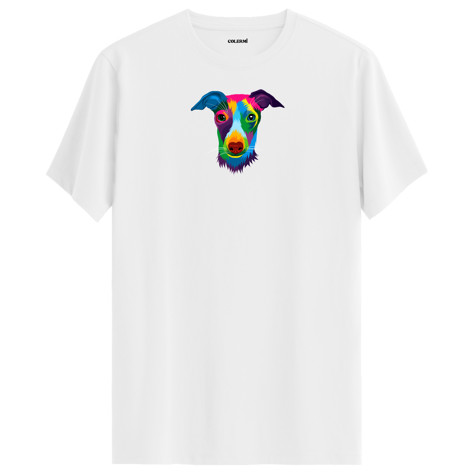Beyaz tişört üzerinde renkli Max Whippet köpek baskısı
