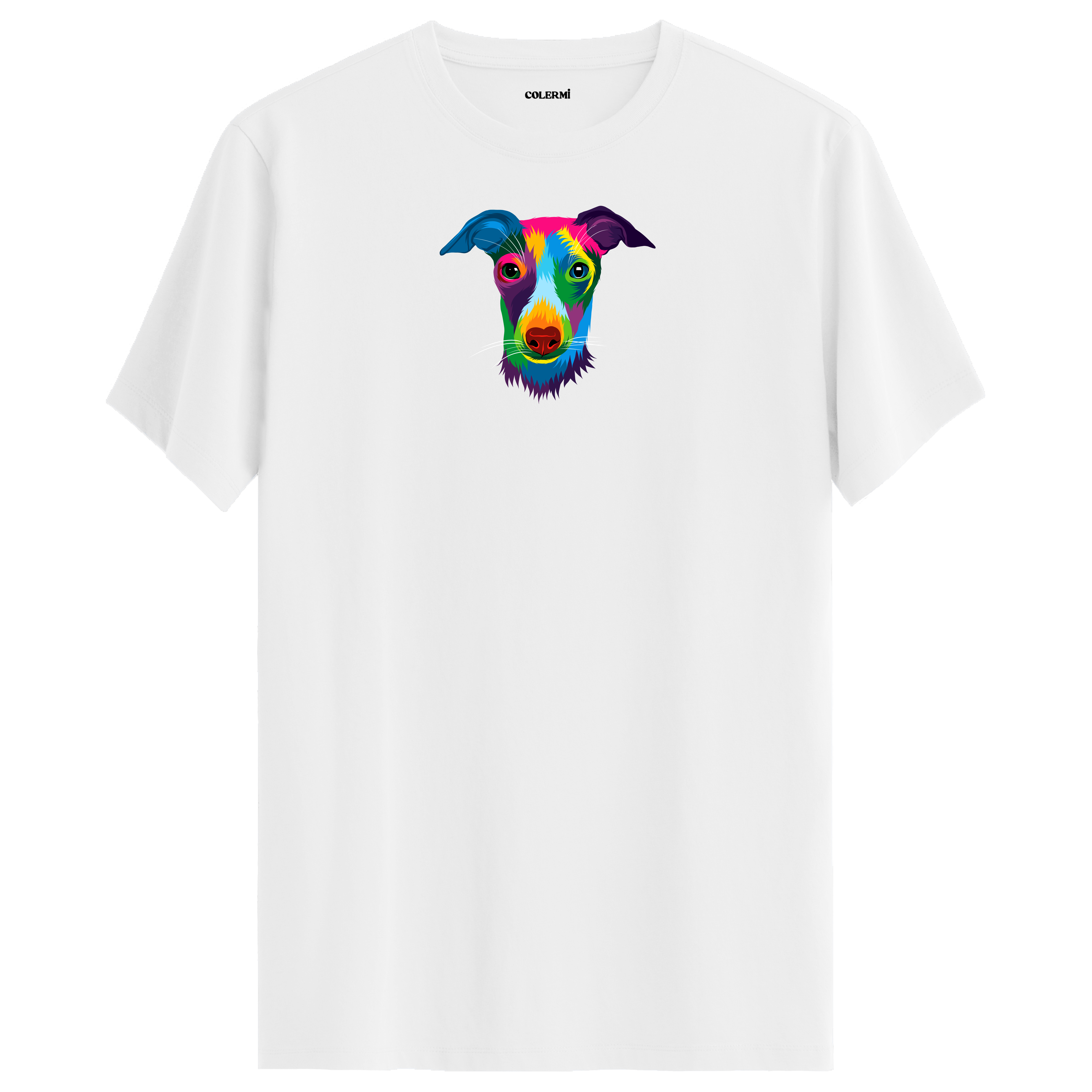 Beyaz tişört üzerinde renkli Max Whippet köpek baskısı