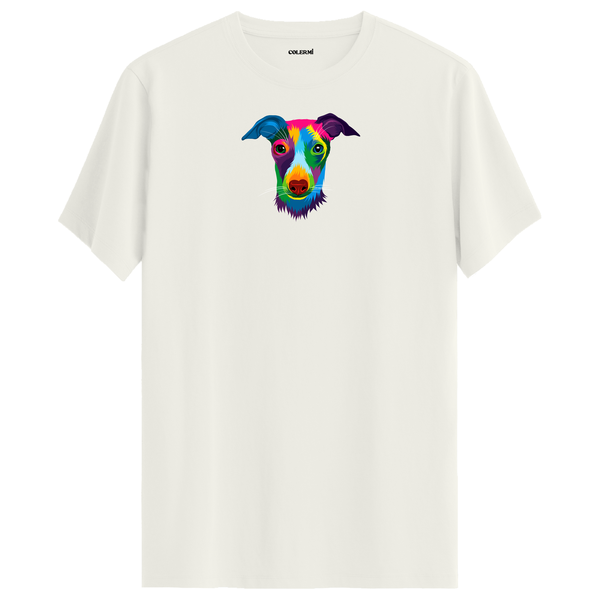 Ekru tişört üzerinde renkli Max Whippet köpek baskısı