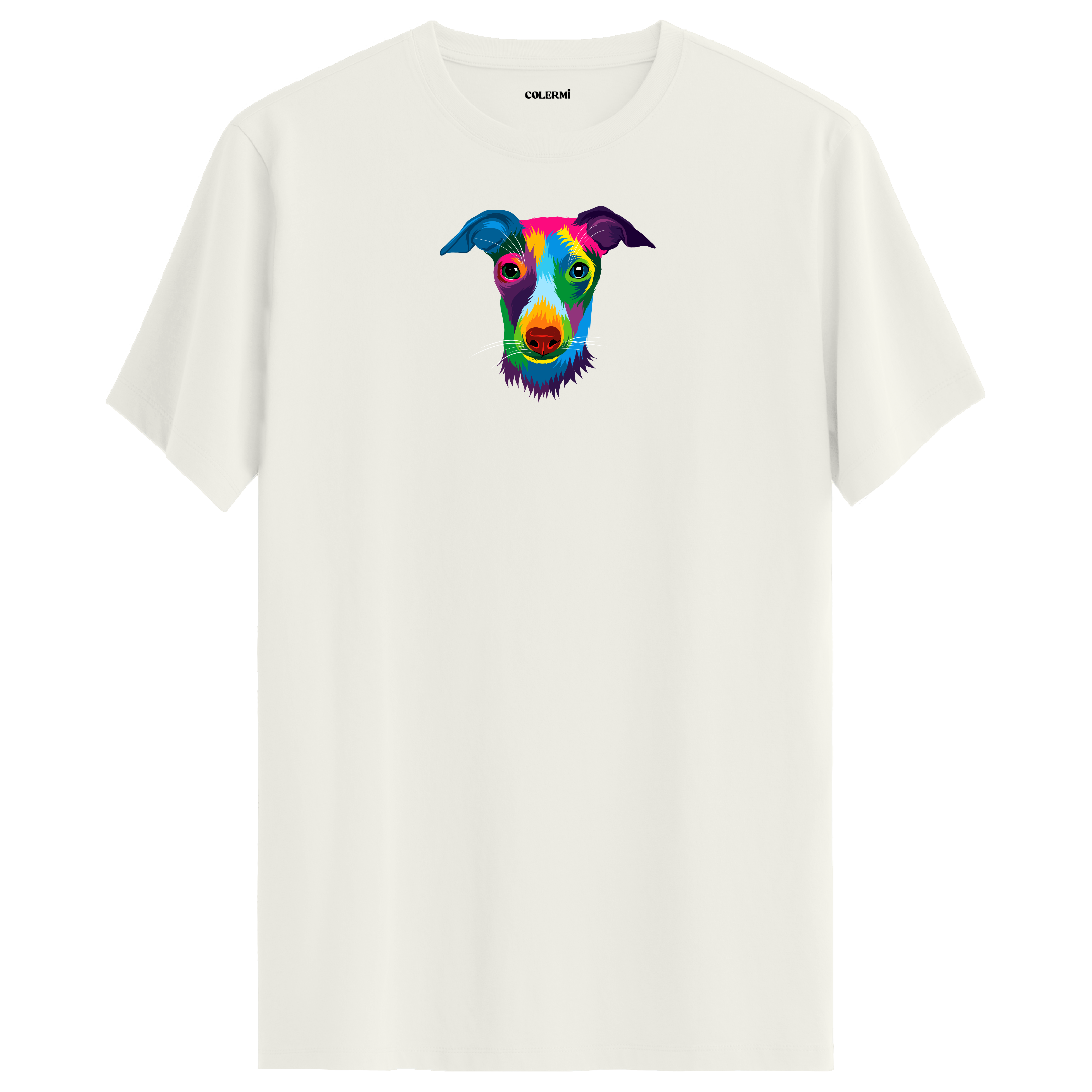 Ekru tişört üzerinde renkli Max Whippet köpek baskısı