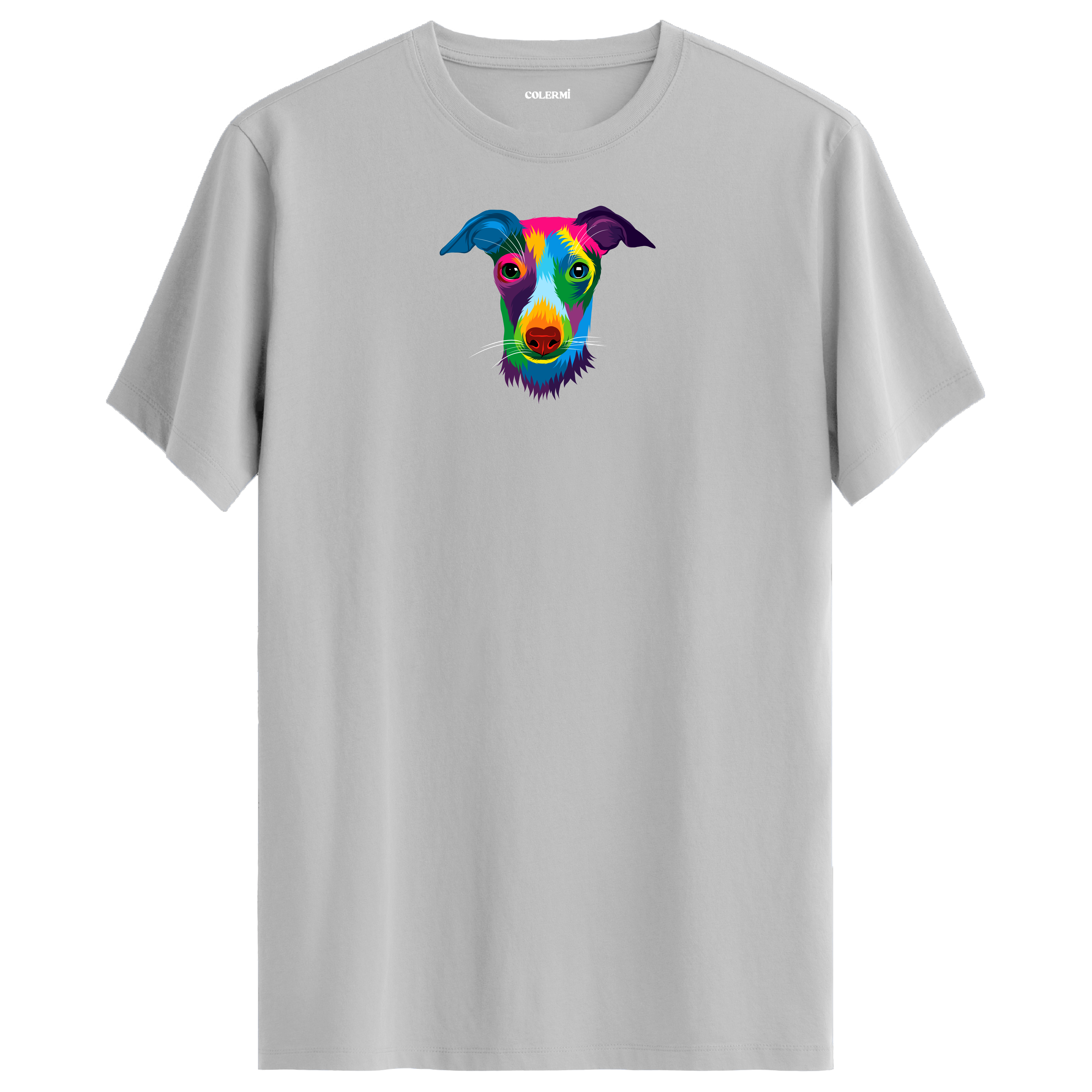 Gri tişört üzerinde renkli Max Whippet köpek baskısı