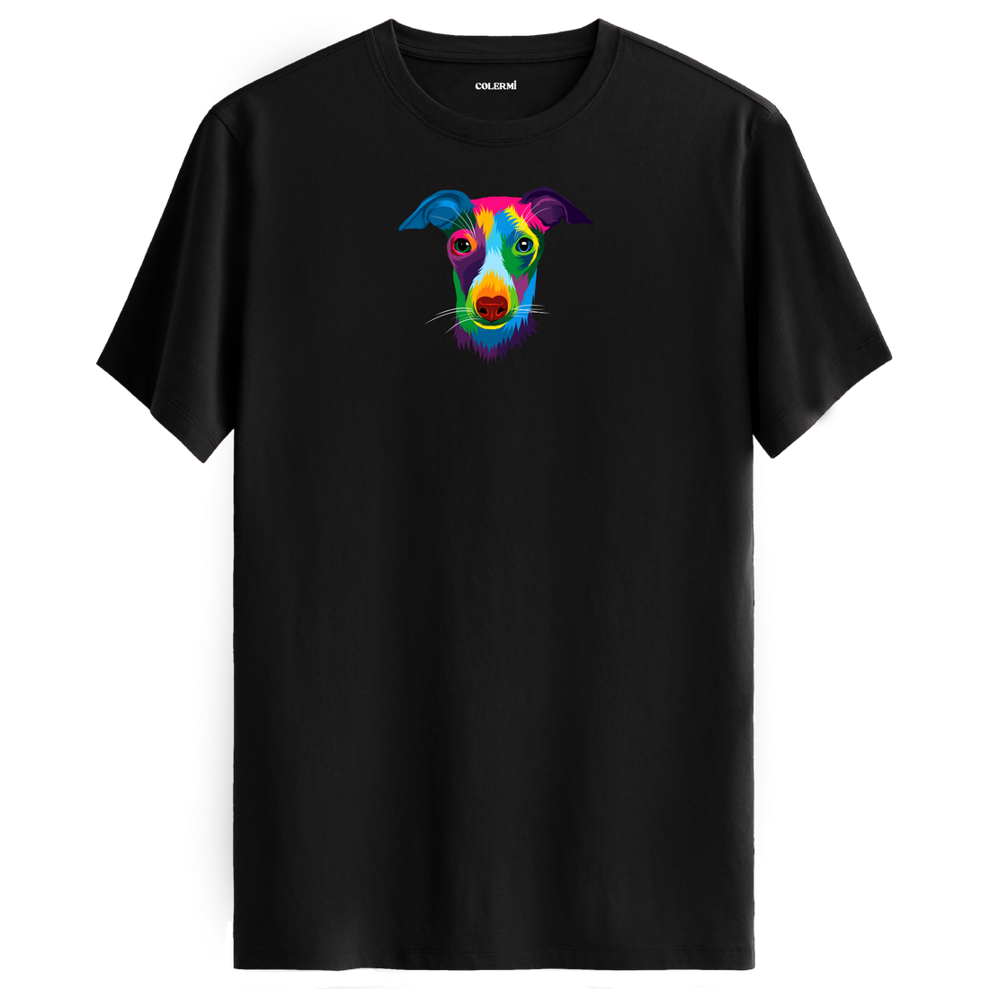 Siyah tişört üzerinde renkli Max Whippet köpek baskısı