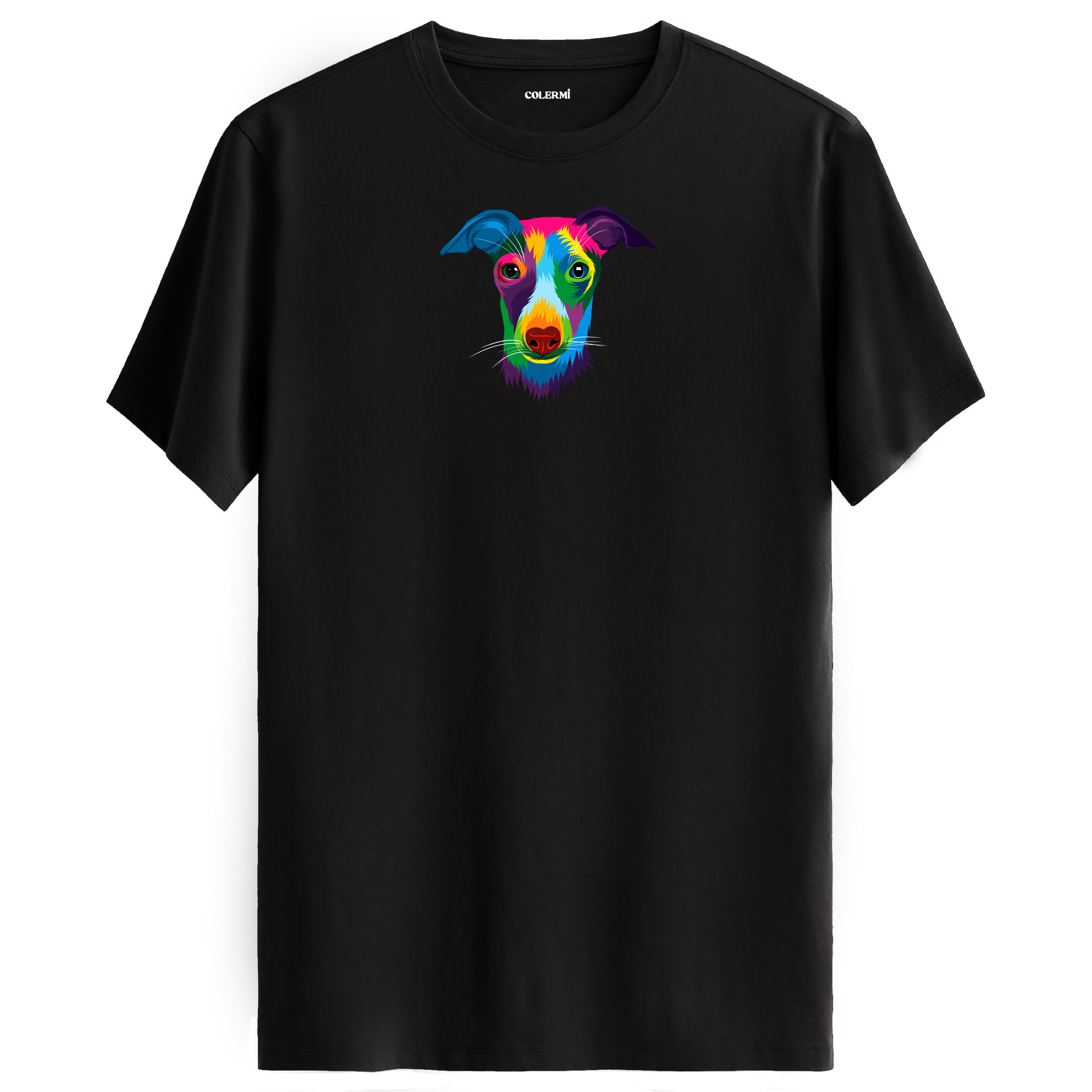 Siyah tişört üzerinde renkli Max Whippet köpek baskısı