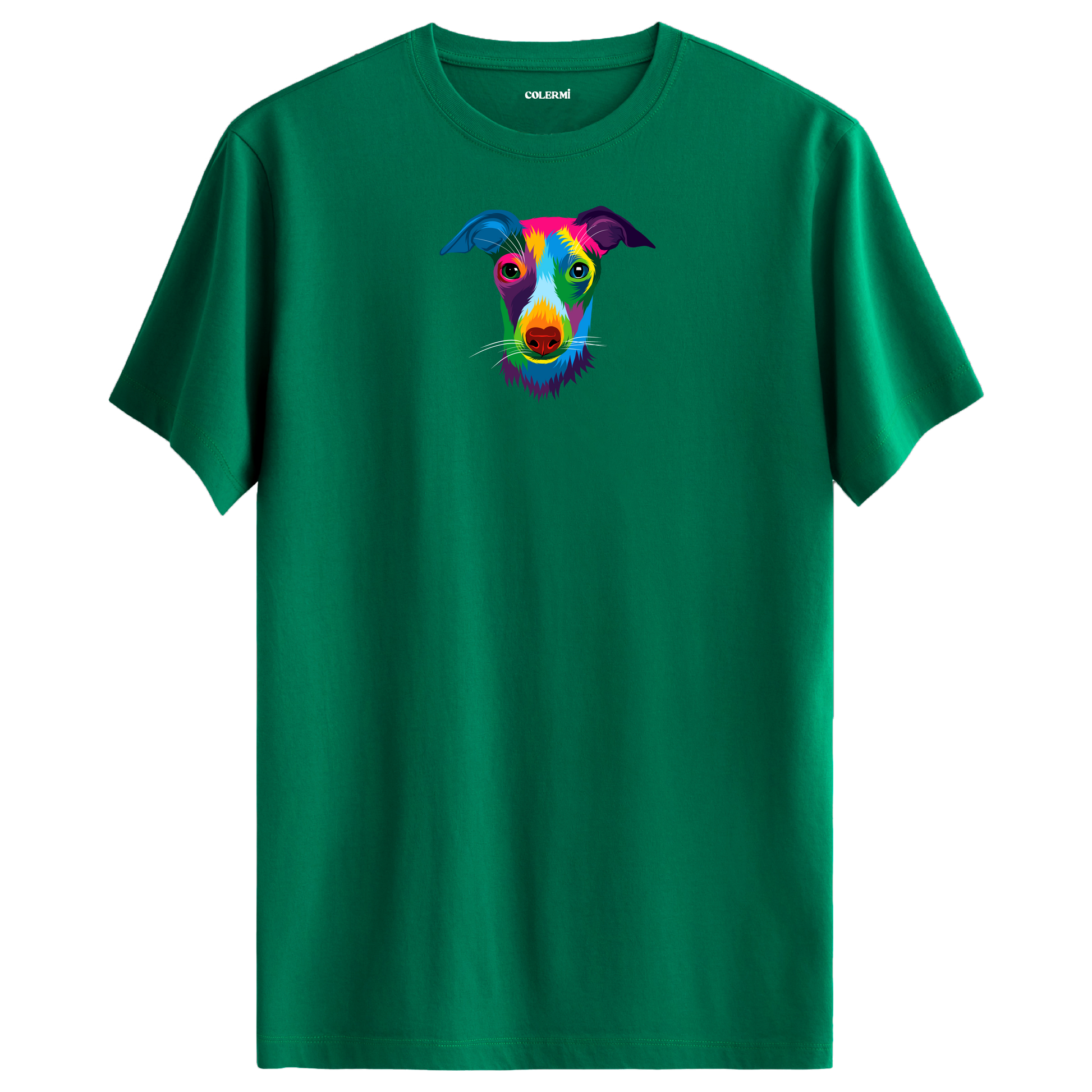 Yeşil tişört üzerinde renkli Max Whippet köpek baskısı