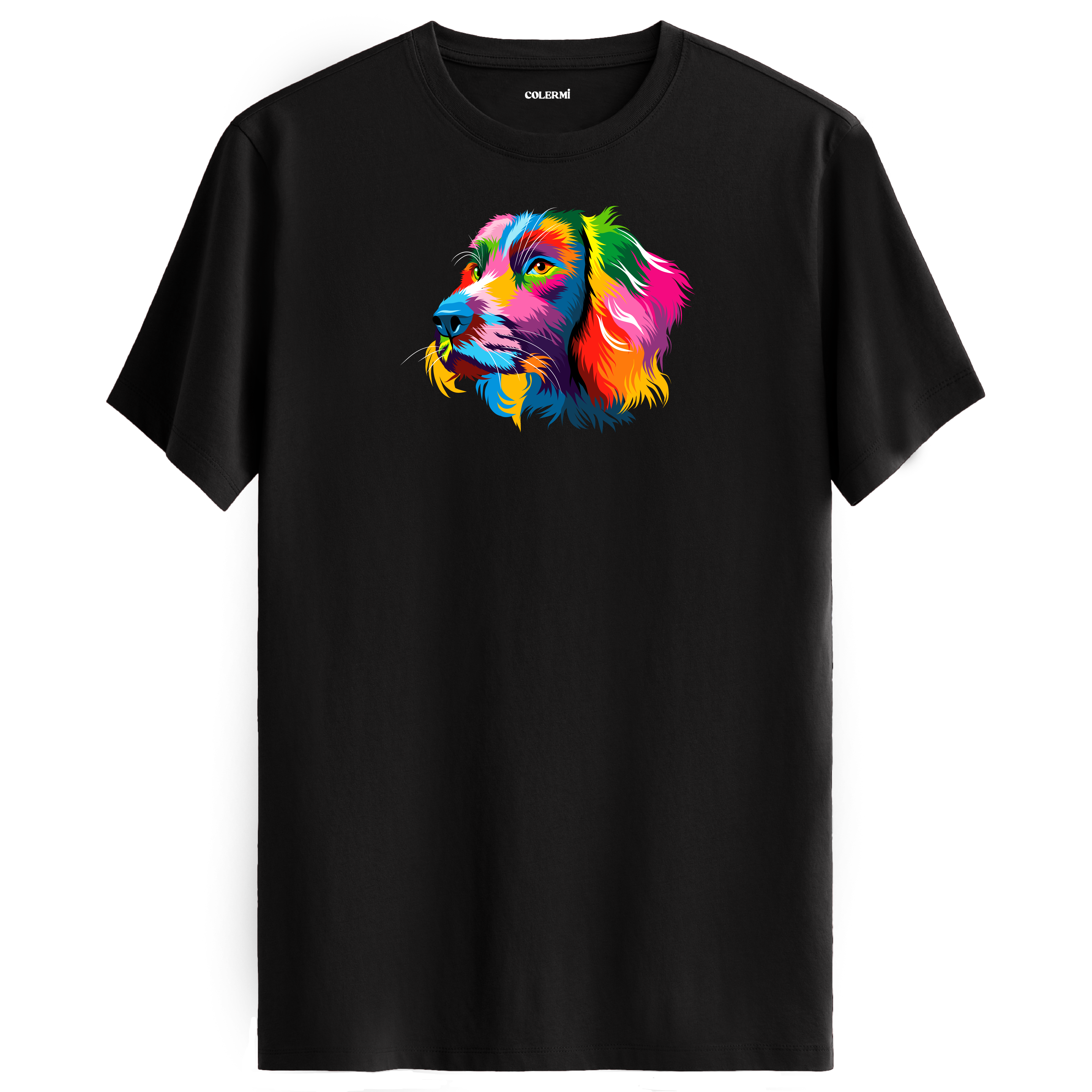 Siyah tişört üzerinde renkli Milo Cocker Spaniel köpek baskısı