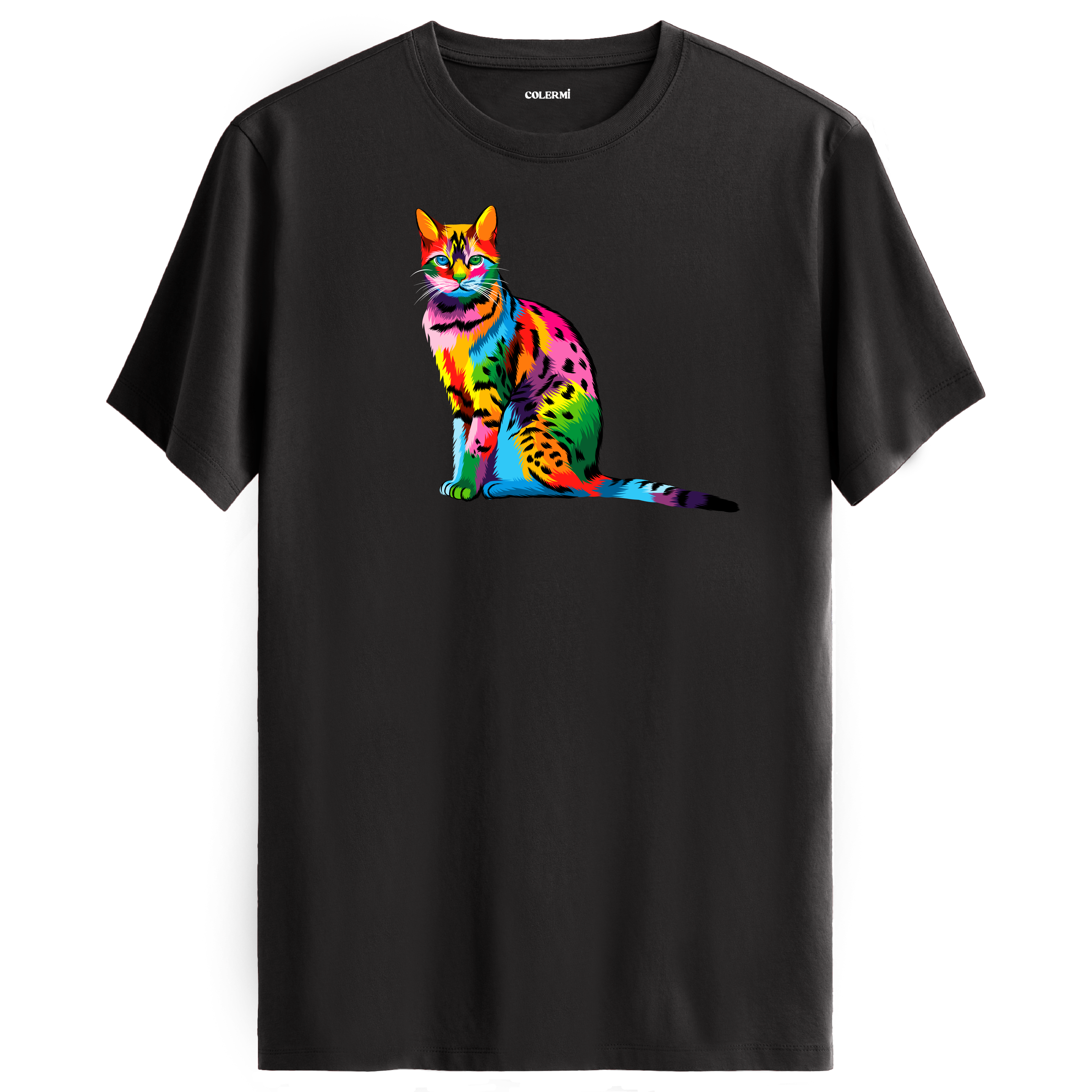 Antrasit tişört üzerinde renkli Milo kedi baskısı