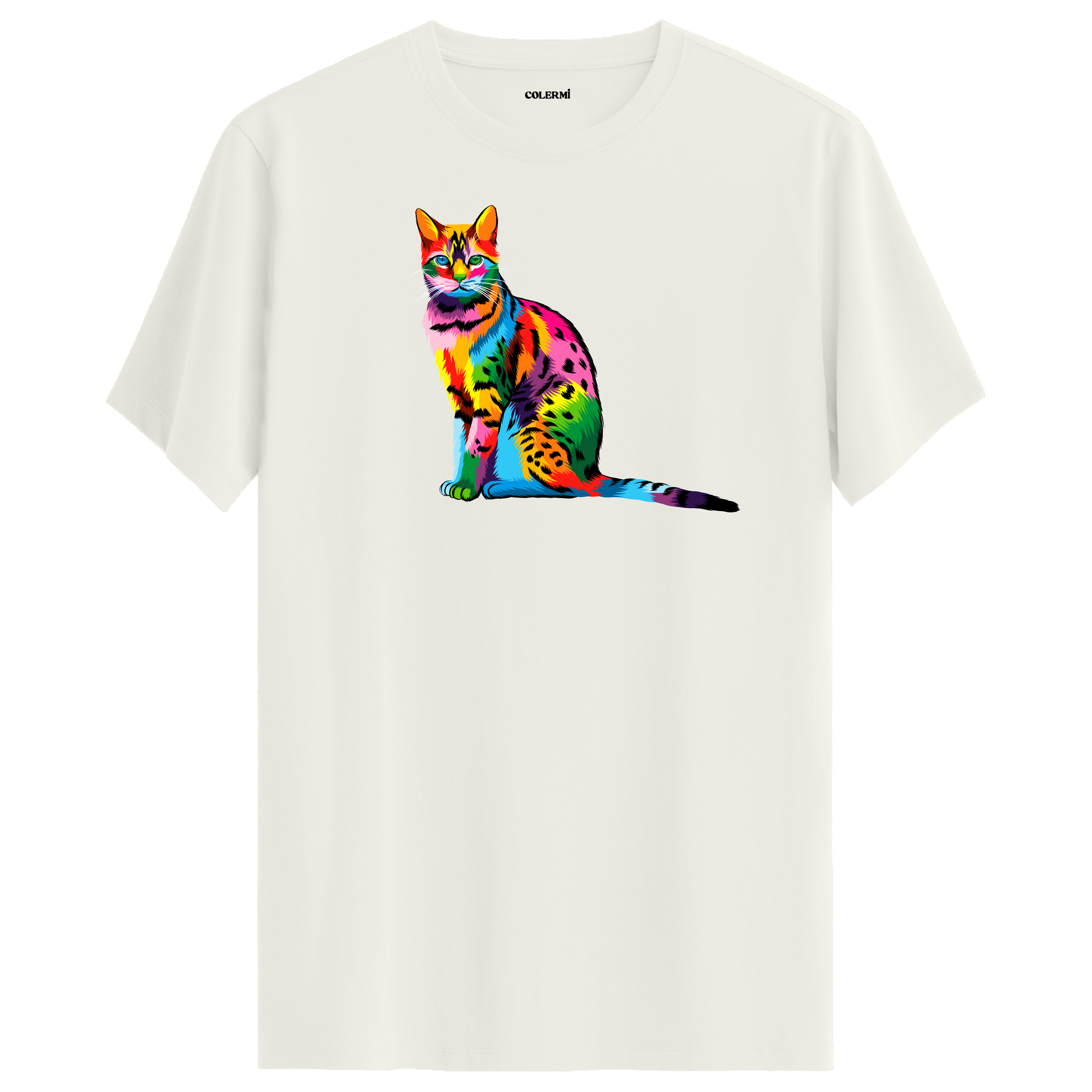 Ekru tişört üzerinde renkli Milo kedi baskısı