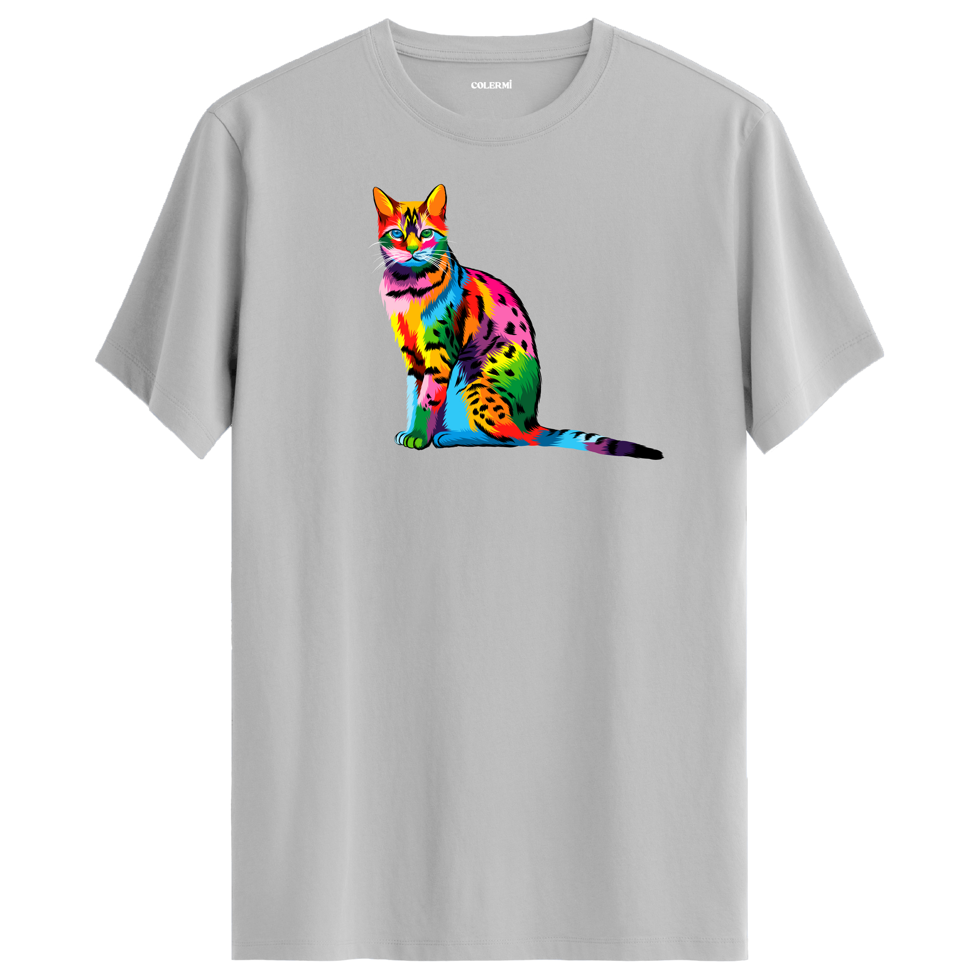 Gri tişört üzerinde renkli Milo kedi baskısı