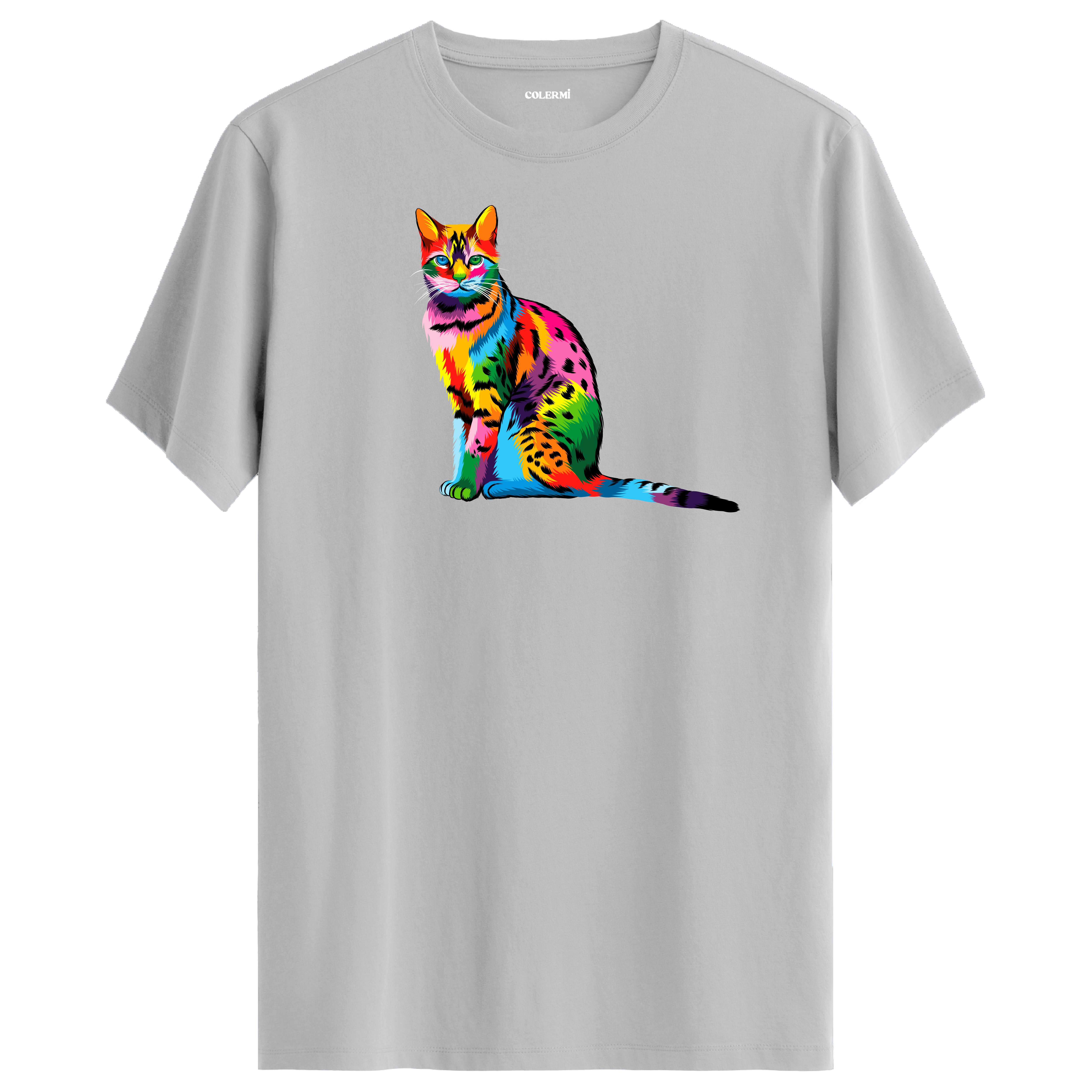 Gri tişört üzerinde renkli Milo kedi baskısı