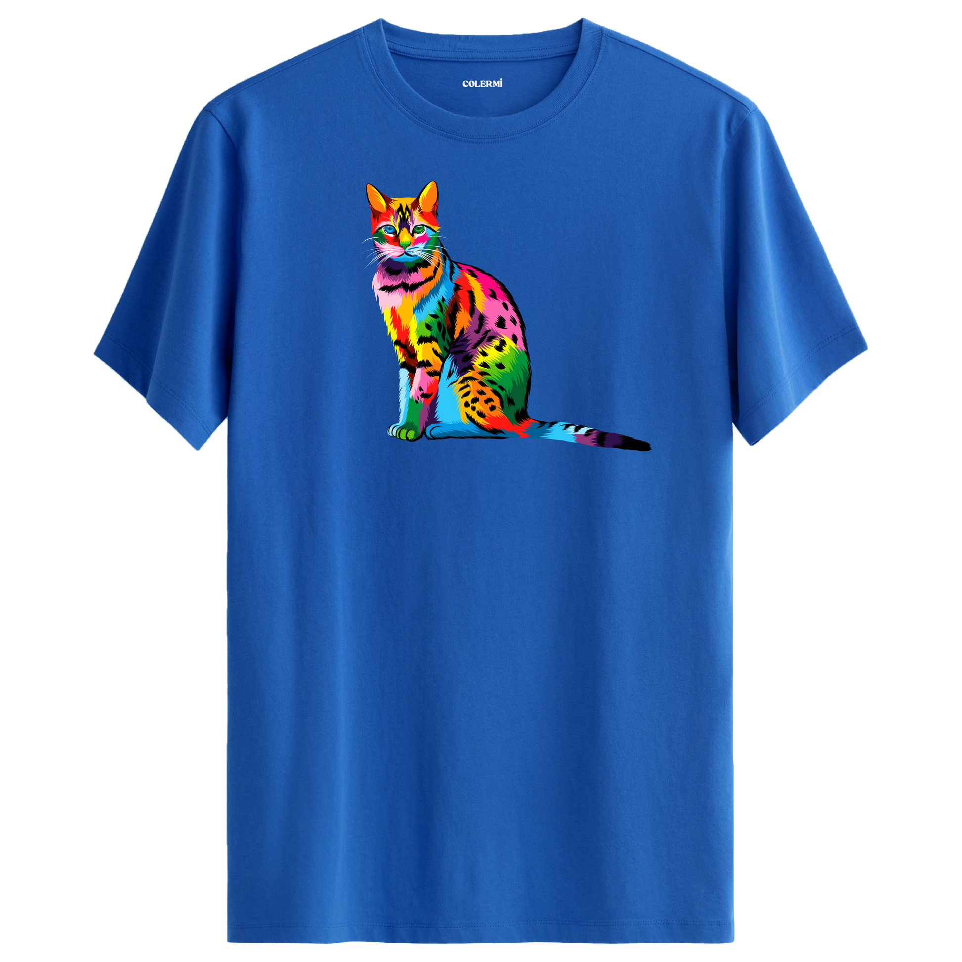 Mavi tişört üzerinde renkli Milo kedi baskısı