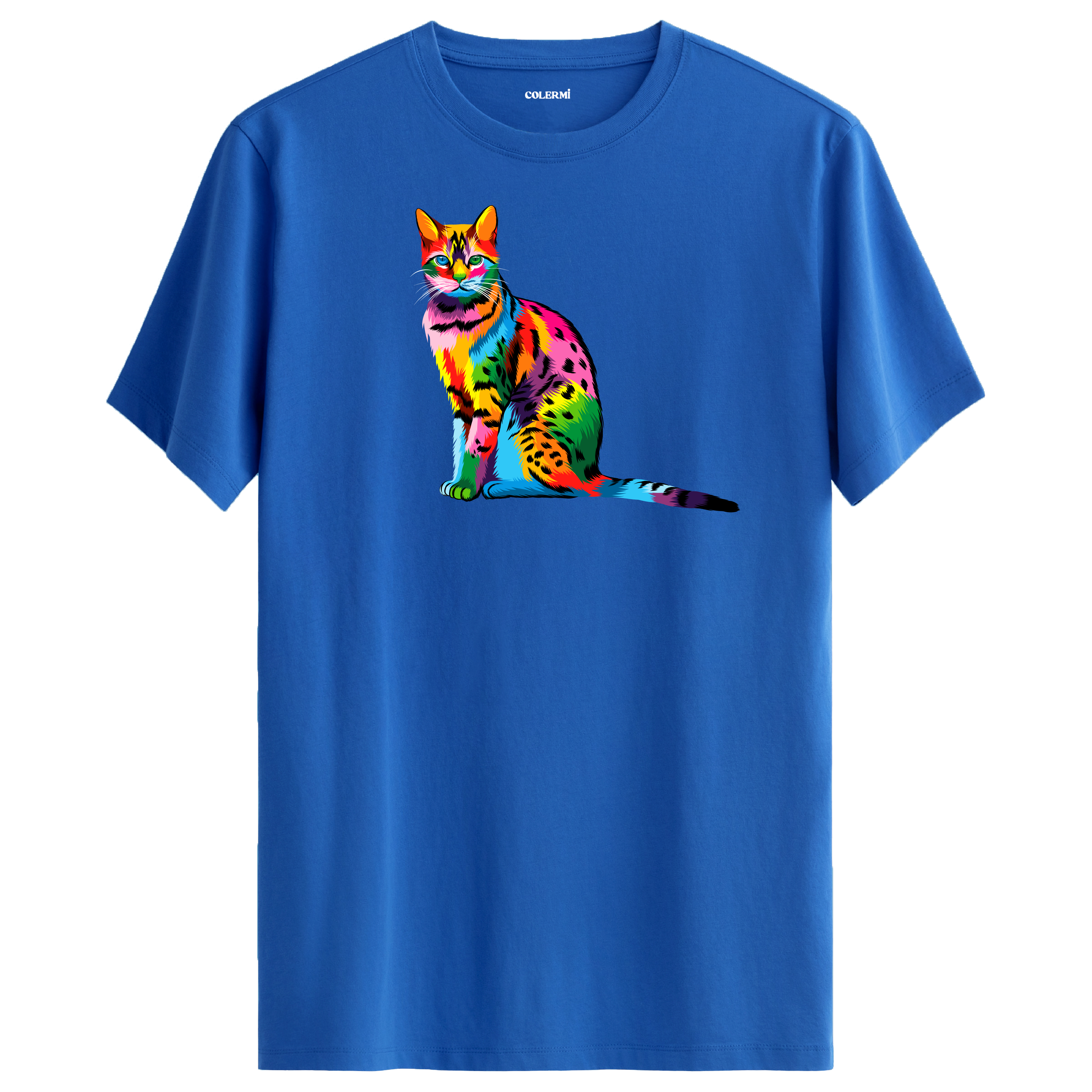 Mavi tişört üzerinde renkli Milo kedi baskısı