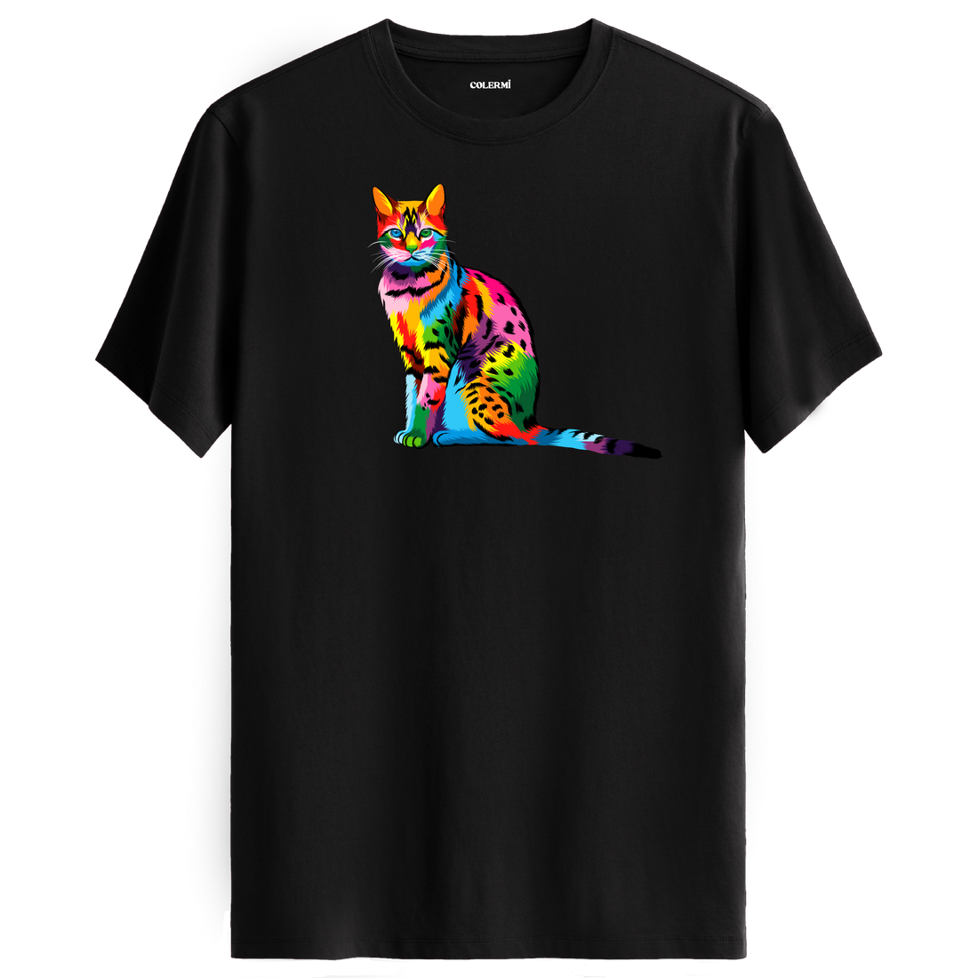 Siyah tişört üzerinde renkli Milo kedi baskısı