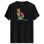 Siyah tişört üzerinde renkli Milo kedi baskısı