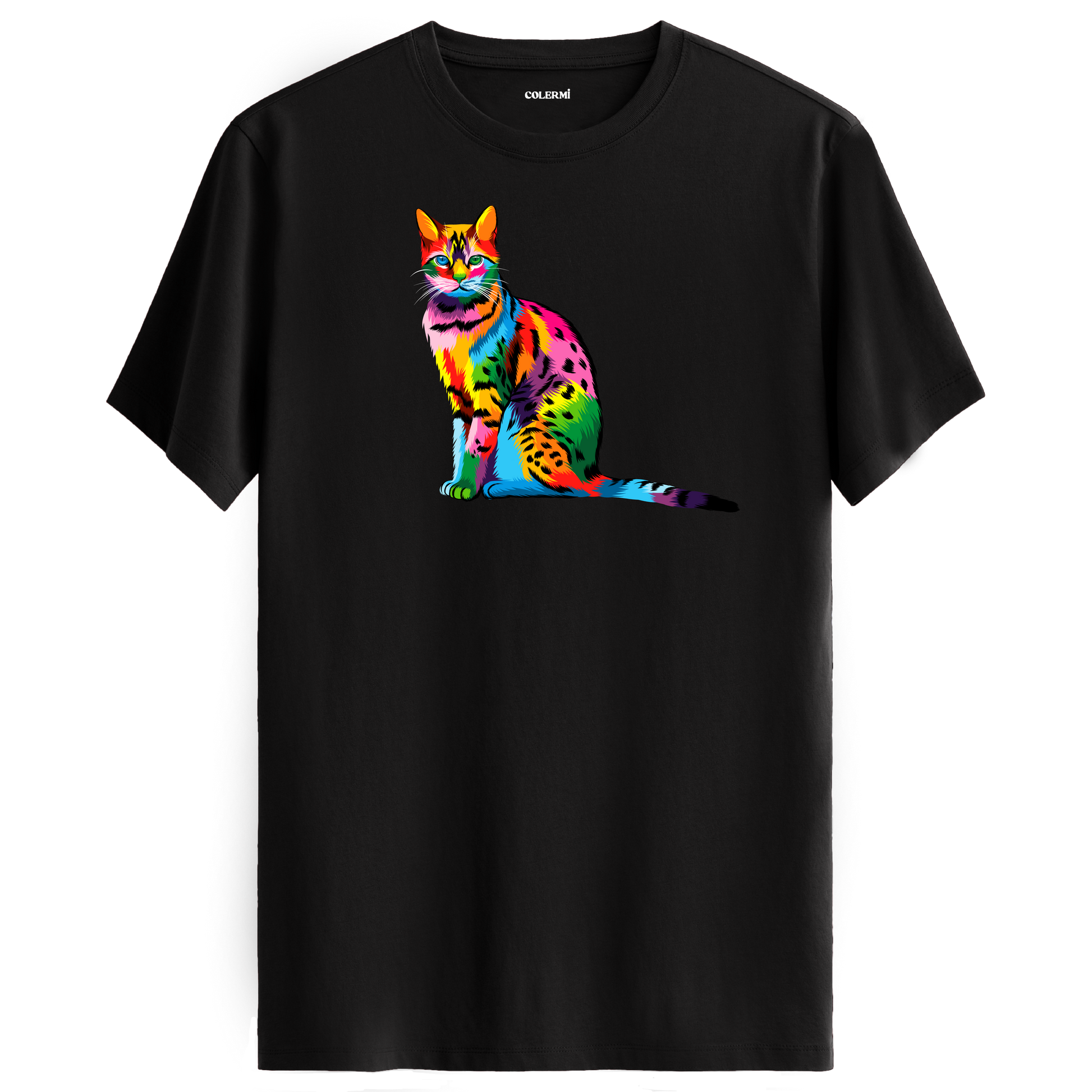 Siyah tişört üzerinde renkli Milo kedi baskısı