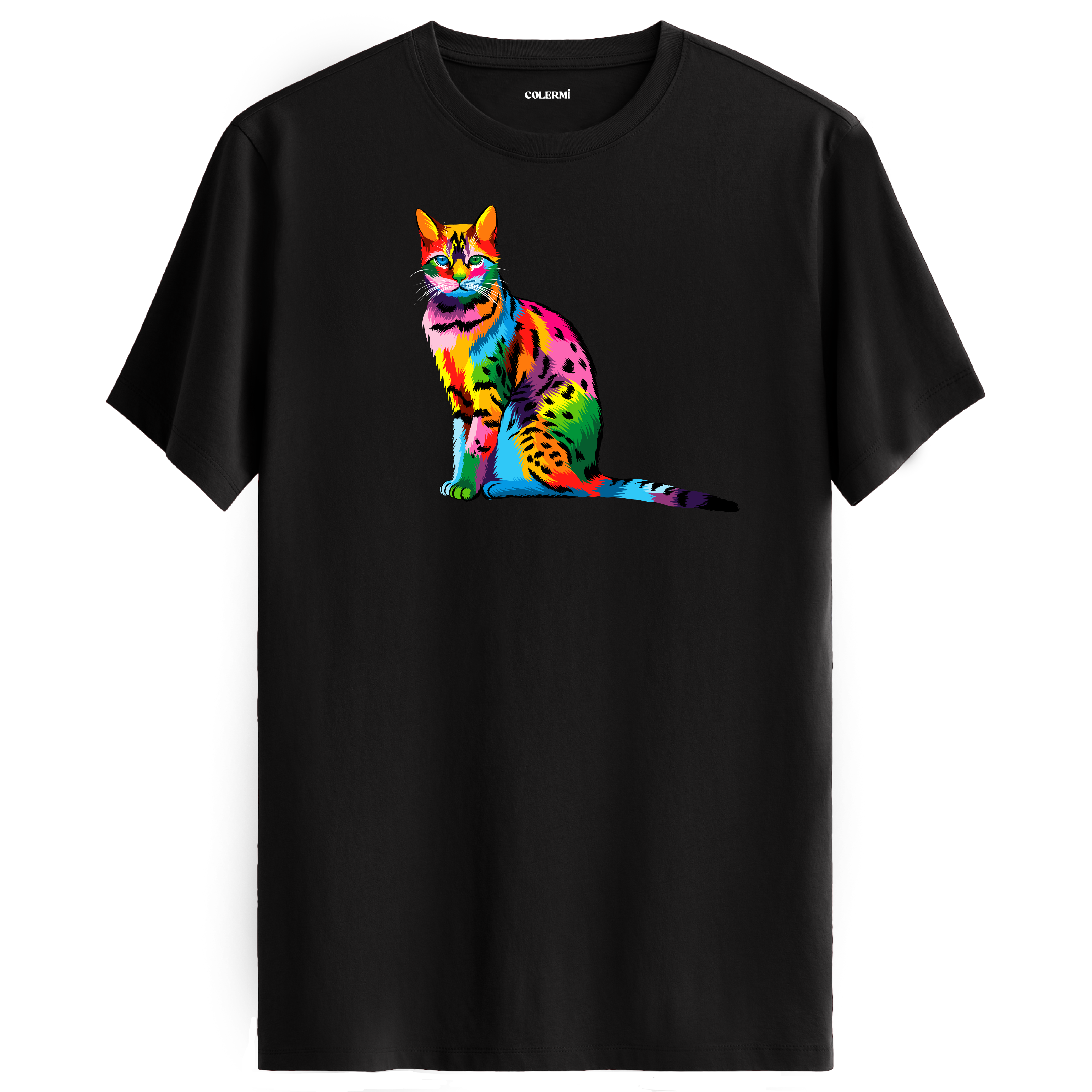 Siyah tişört üzerinde renkli Milo kedi baskısı