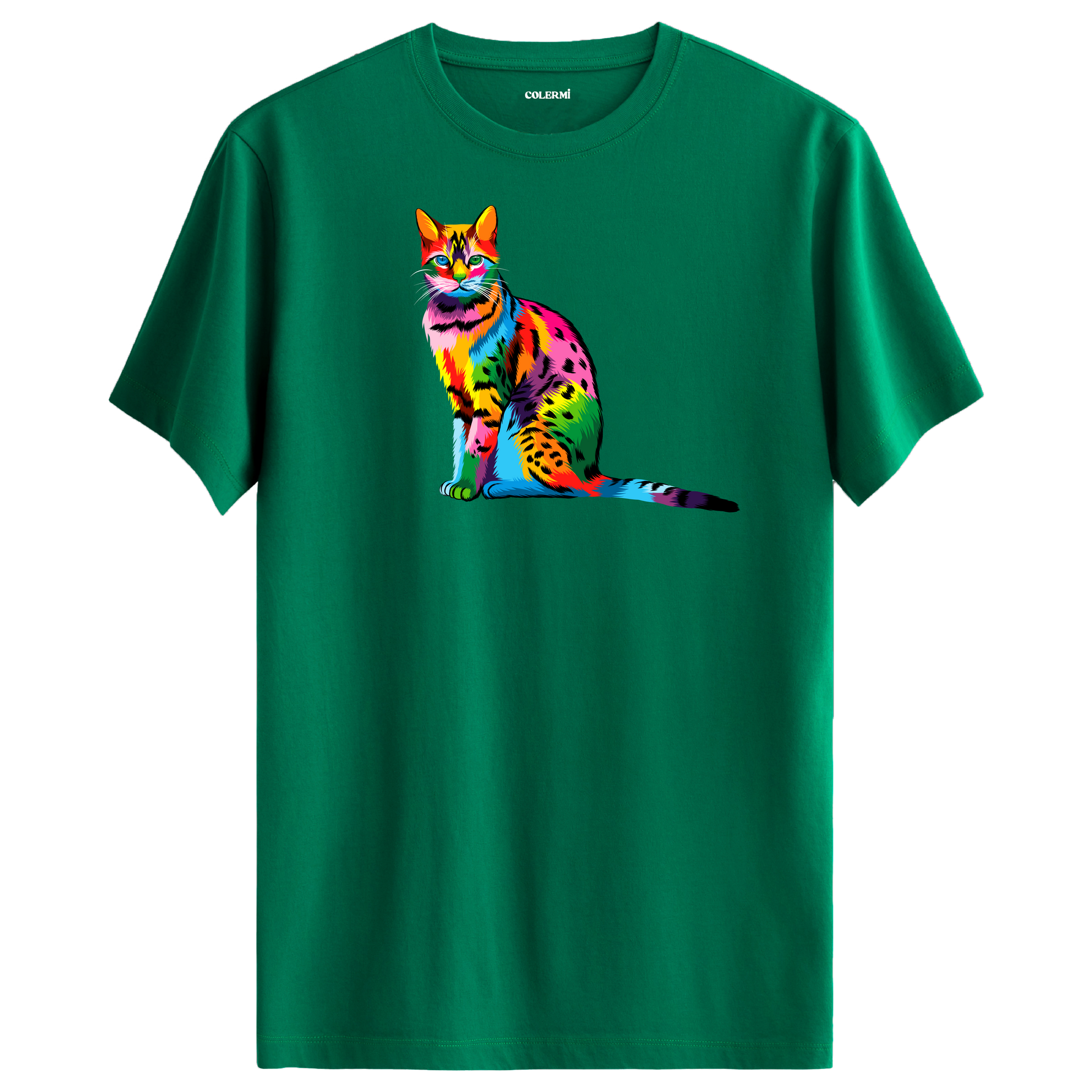 Yeşil tişört üzerinde renkli Milo kedi baskısı
