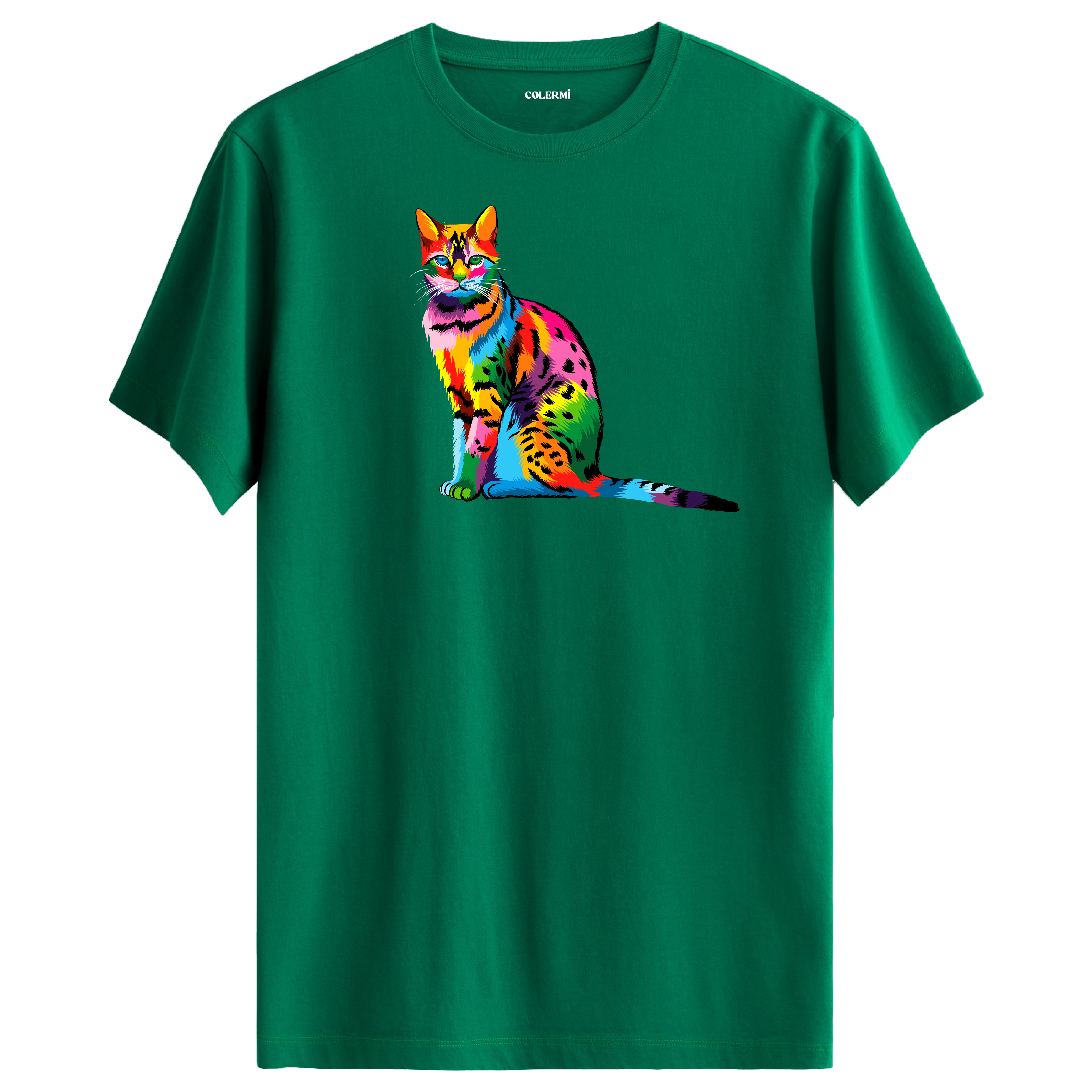 Yeşil tişört üzerinde renkli Milo kedi baskısı