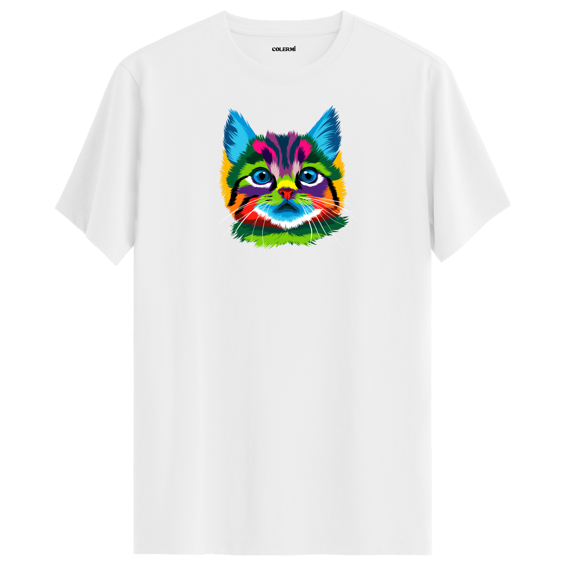 Beyaz tişört üzerinde renkli Misty kedi baskısı