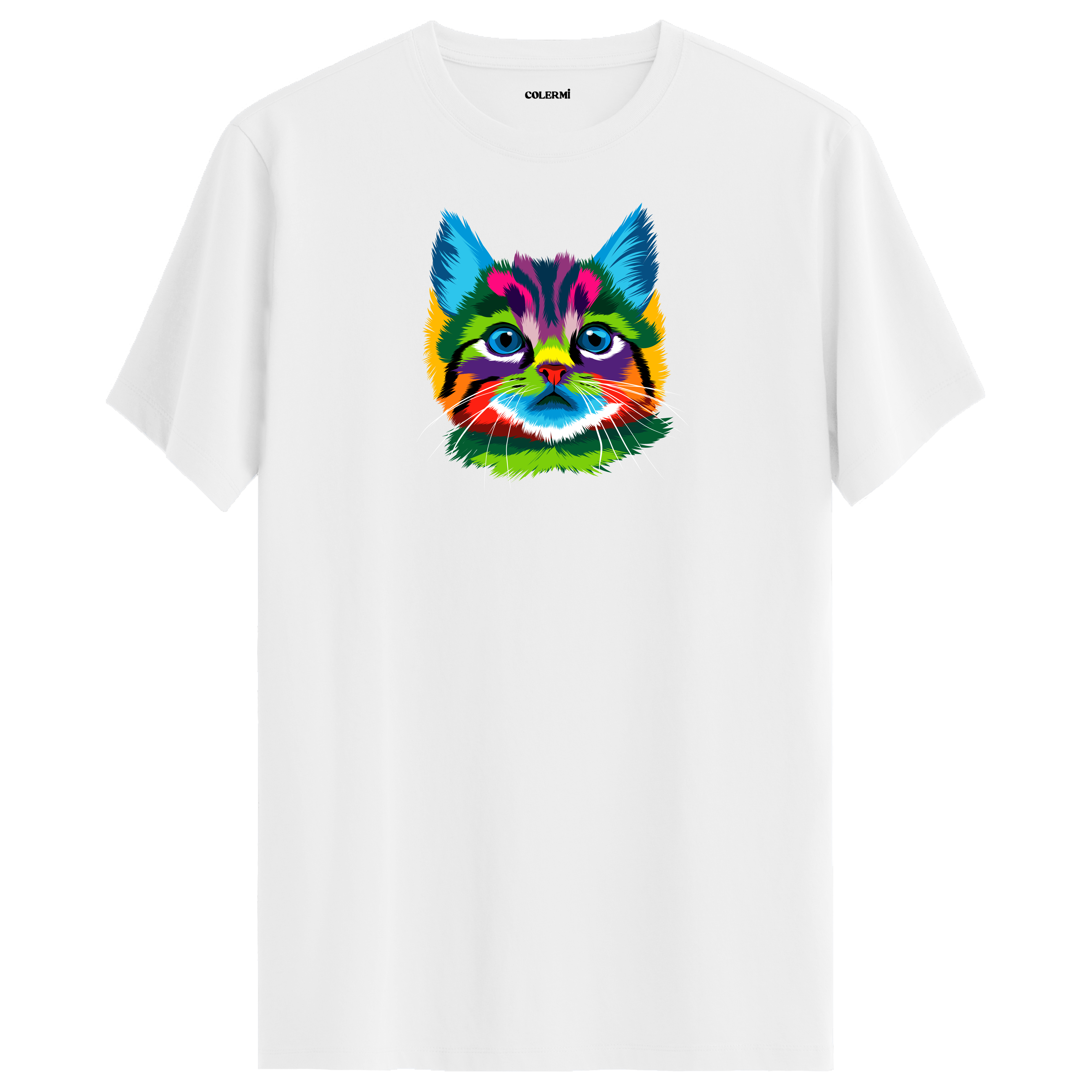 Beyaz tişört üzerinde renkli Misty kedi baskısı