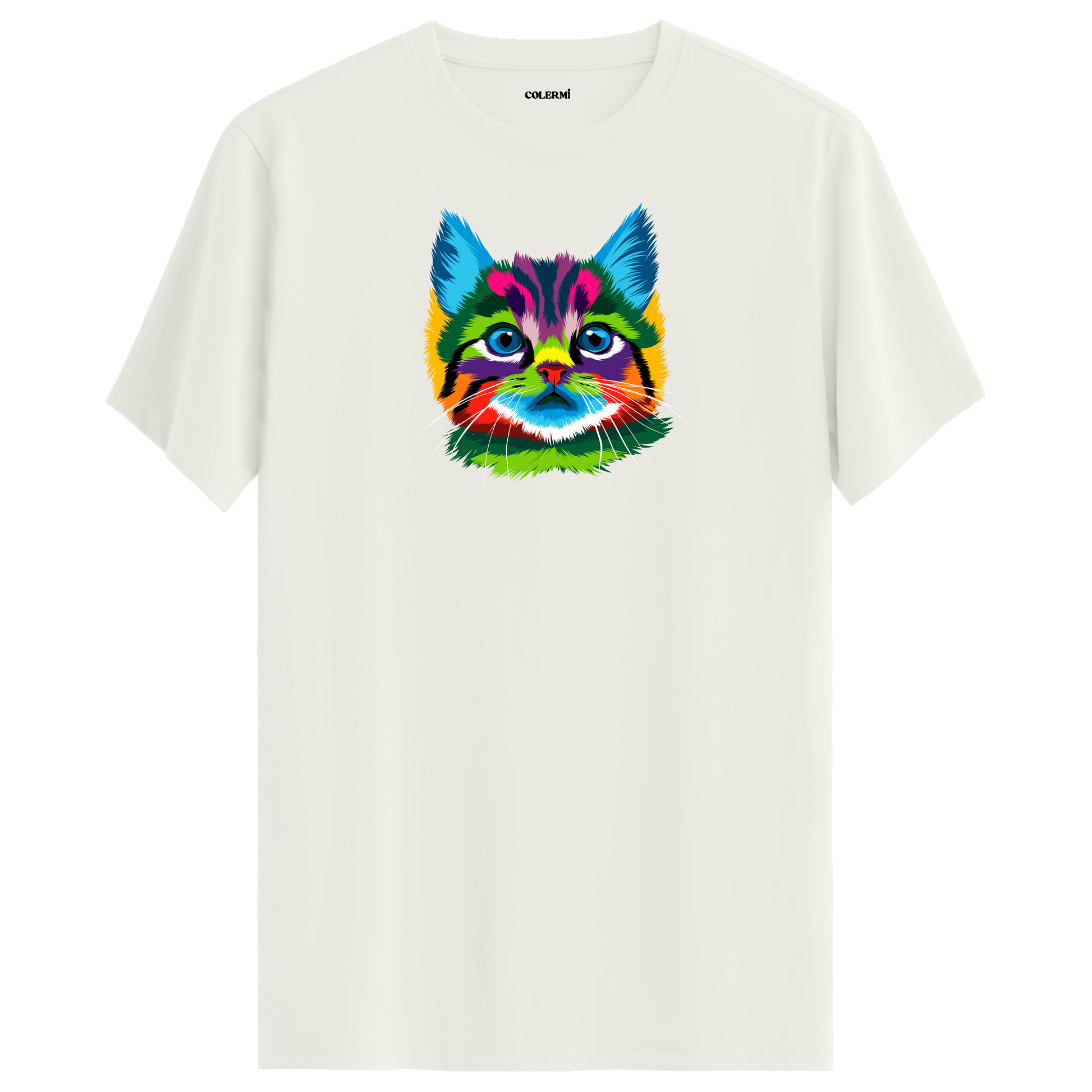 Ekru tişört üzerinde renkli Misty kedi baskısı