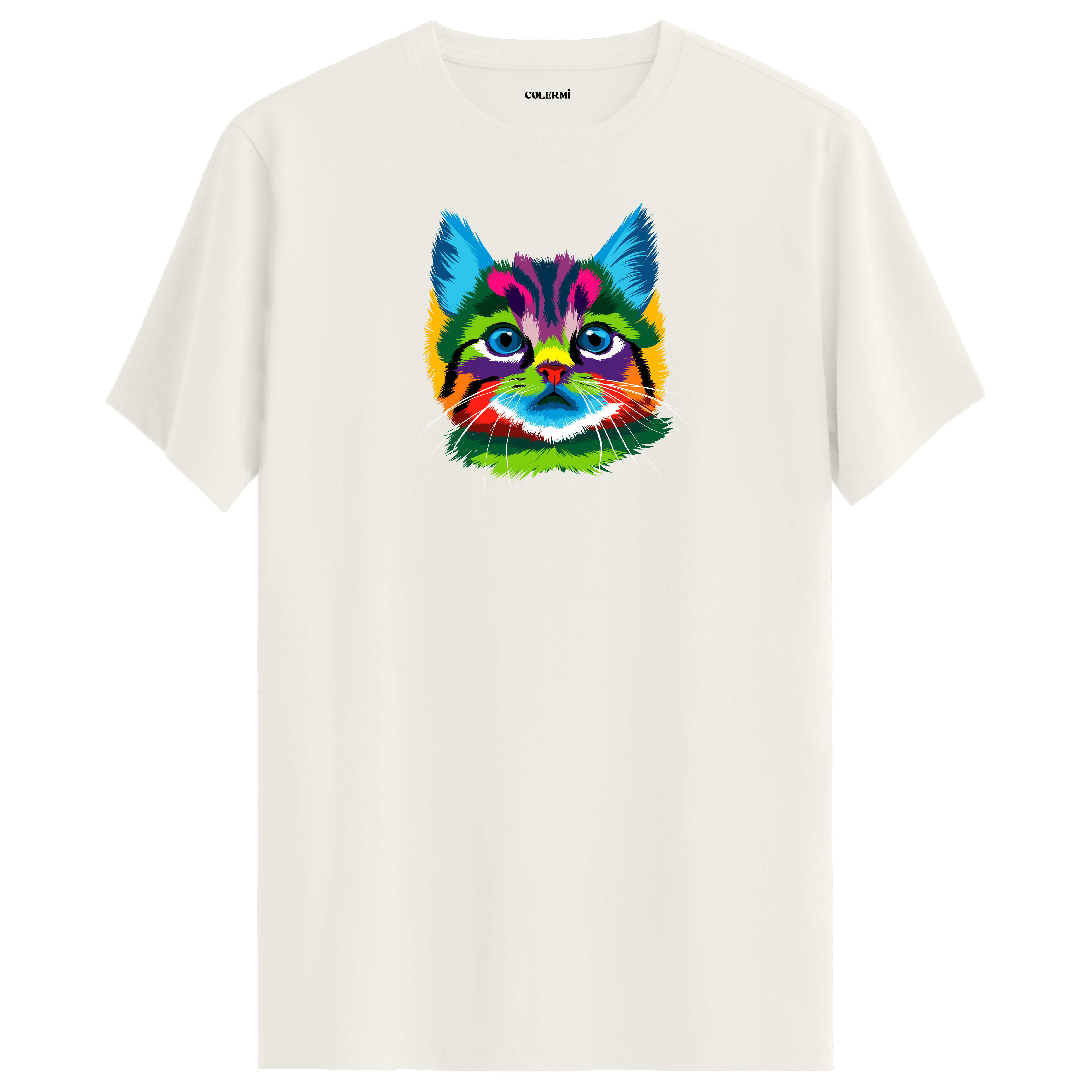 Ekru tişört üzerinde renkli Misty kedi baskısı