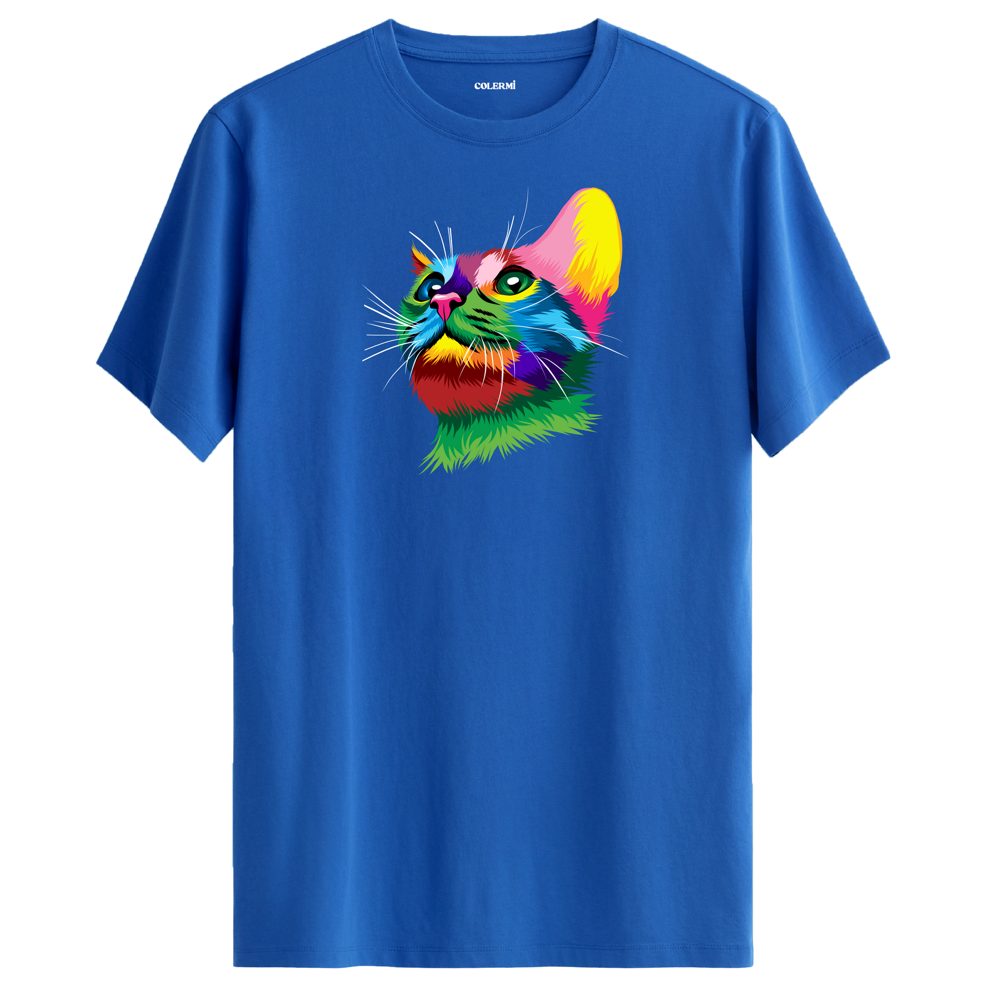 Mavi tişört üzerinde renkli Nova kedi baskısı
