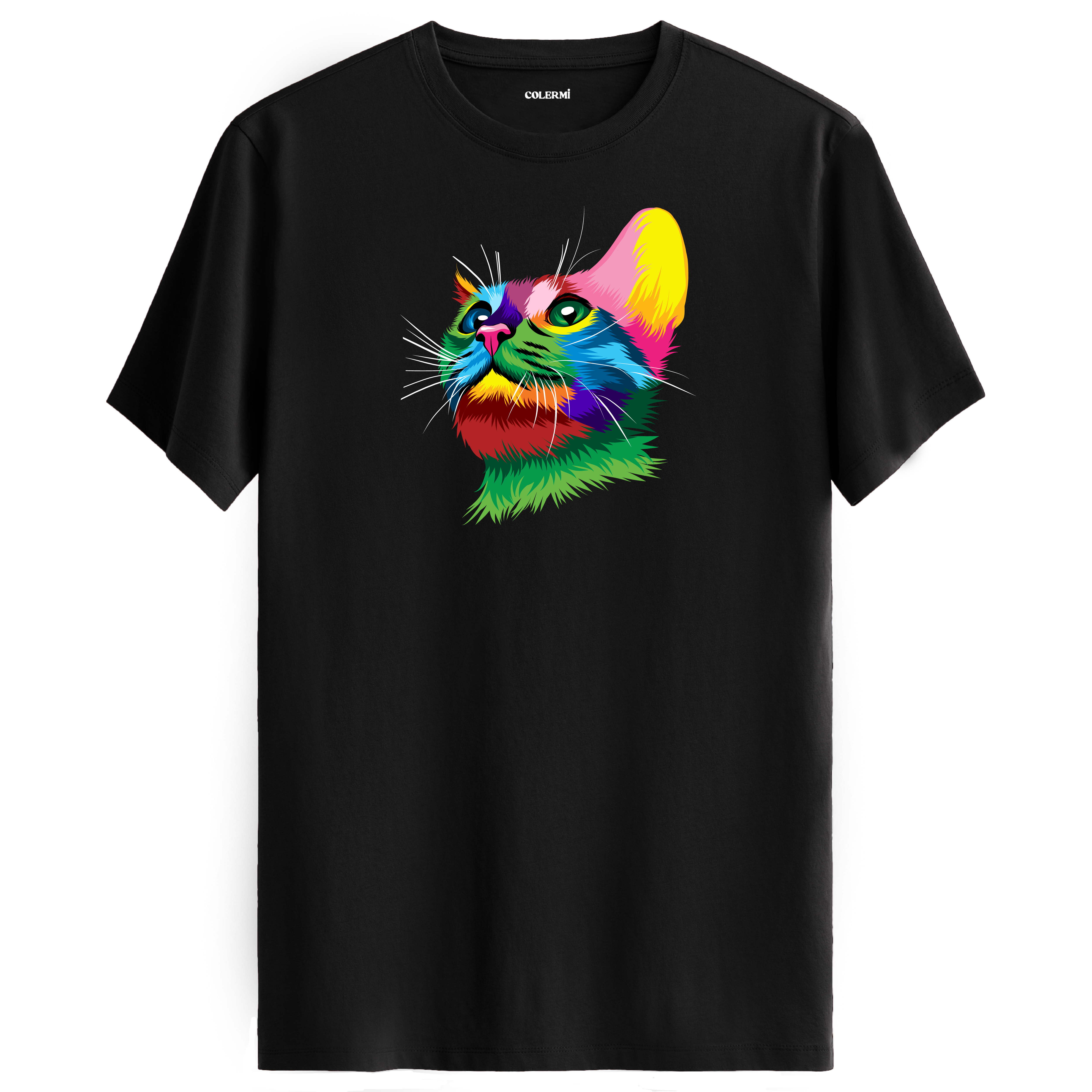 Siyah tişört üzerinde renkli Nova kedi baskısı