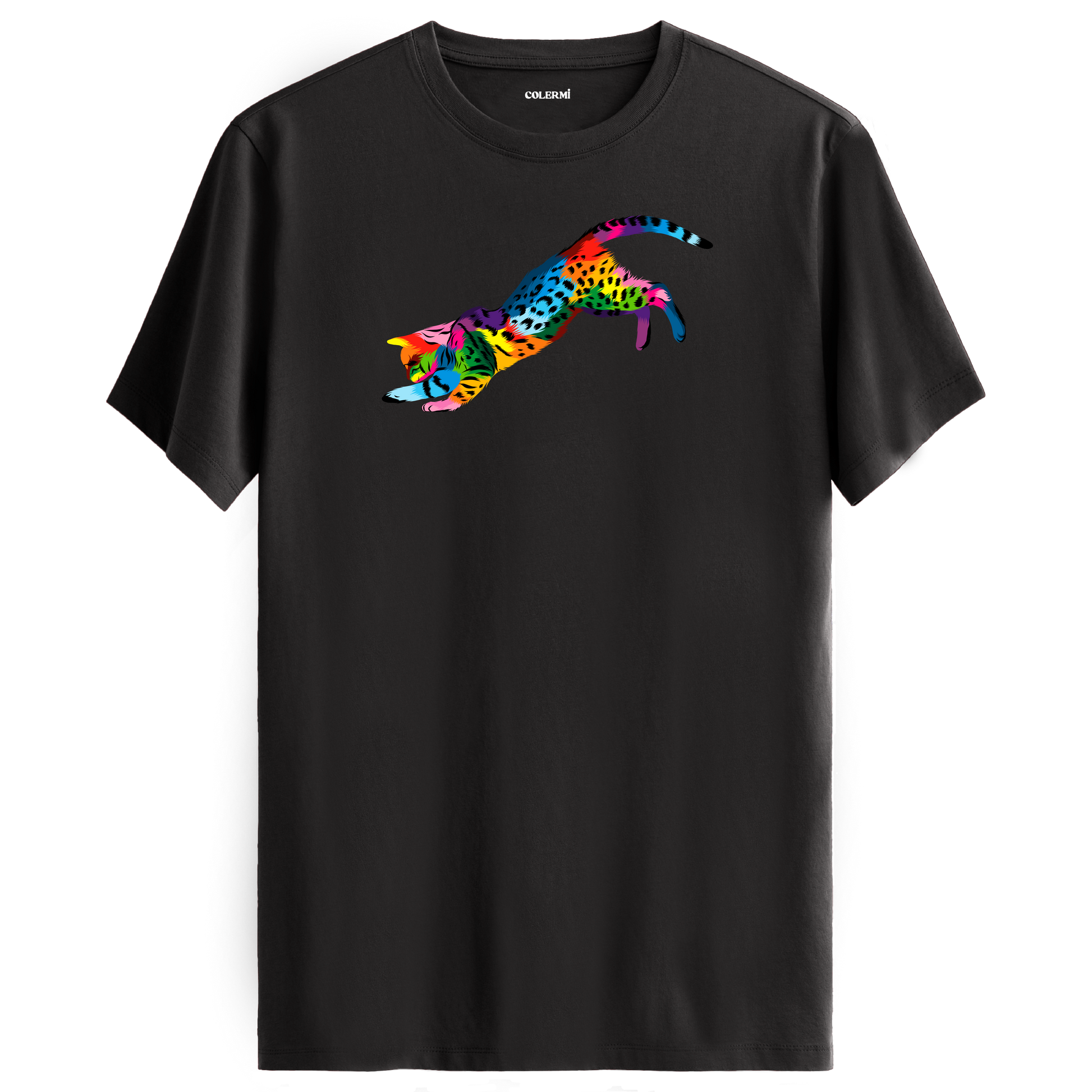 Antrasit tişört üzerinde renkli Nox kedi baskısı