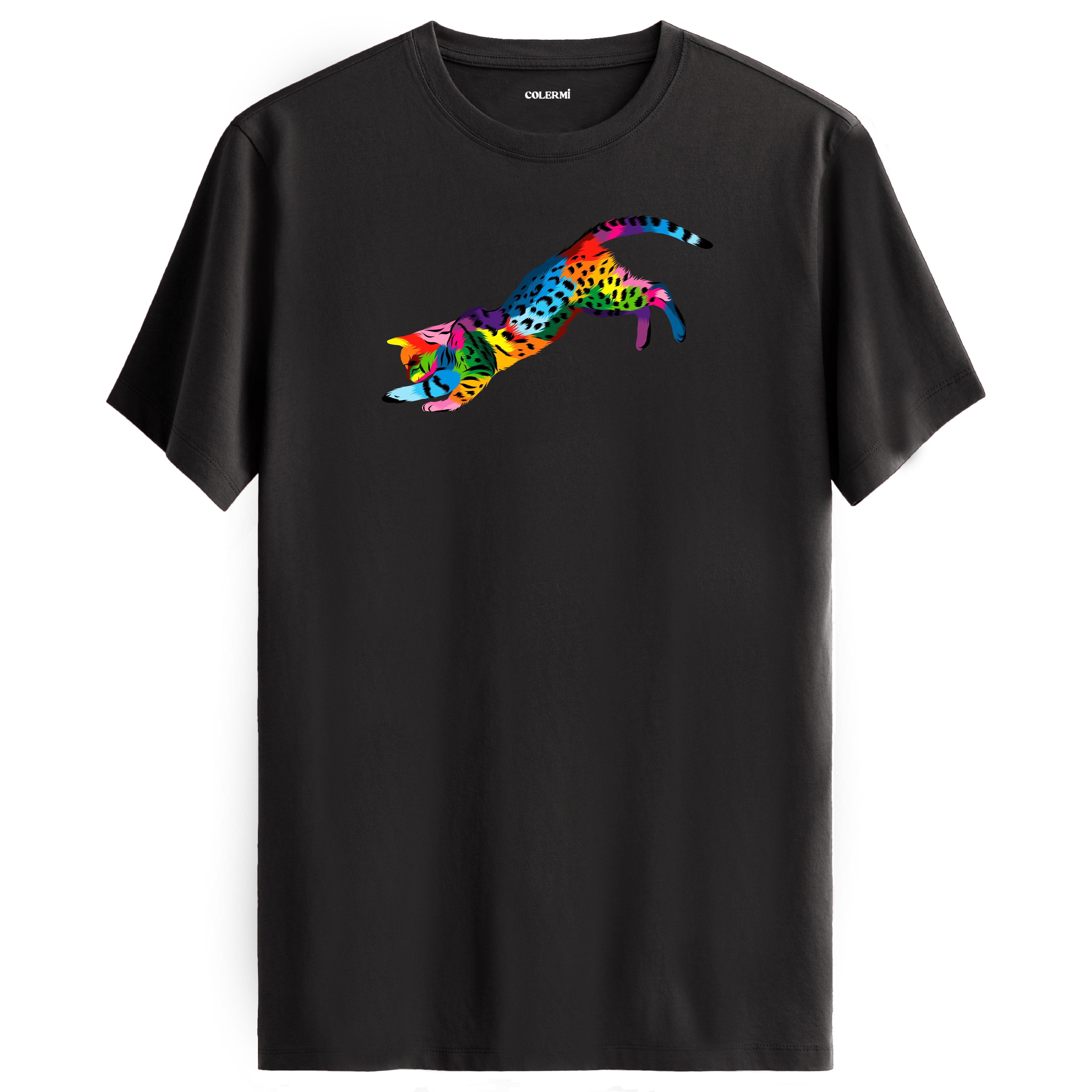 Antrasit tişört üzerinde renkli Nox kedi baskısı