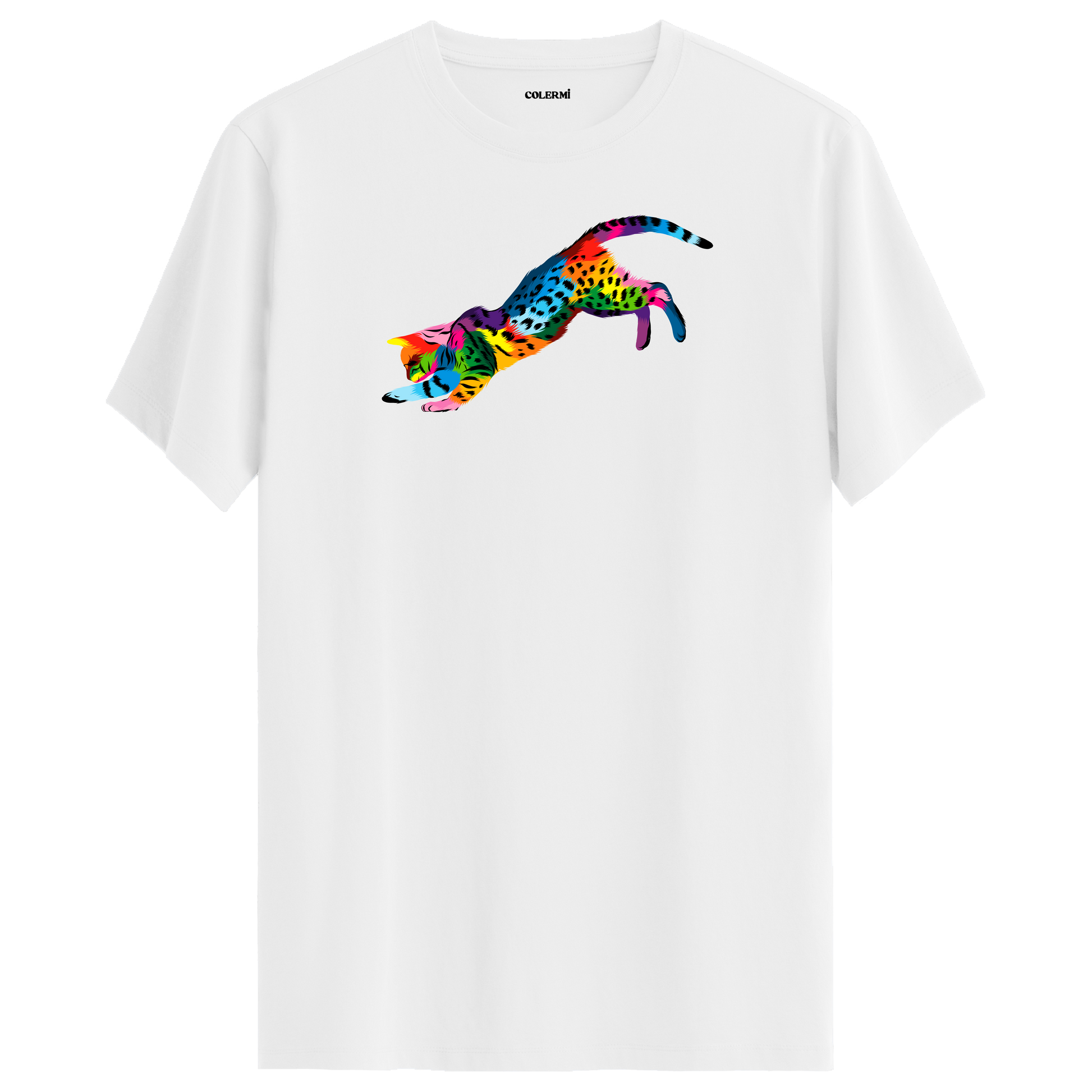 Beyaz tişört üzerinde renkli Nox kedi baskısı