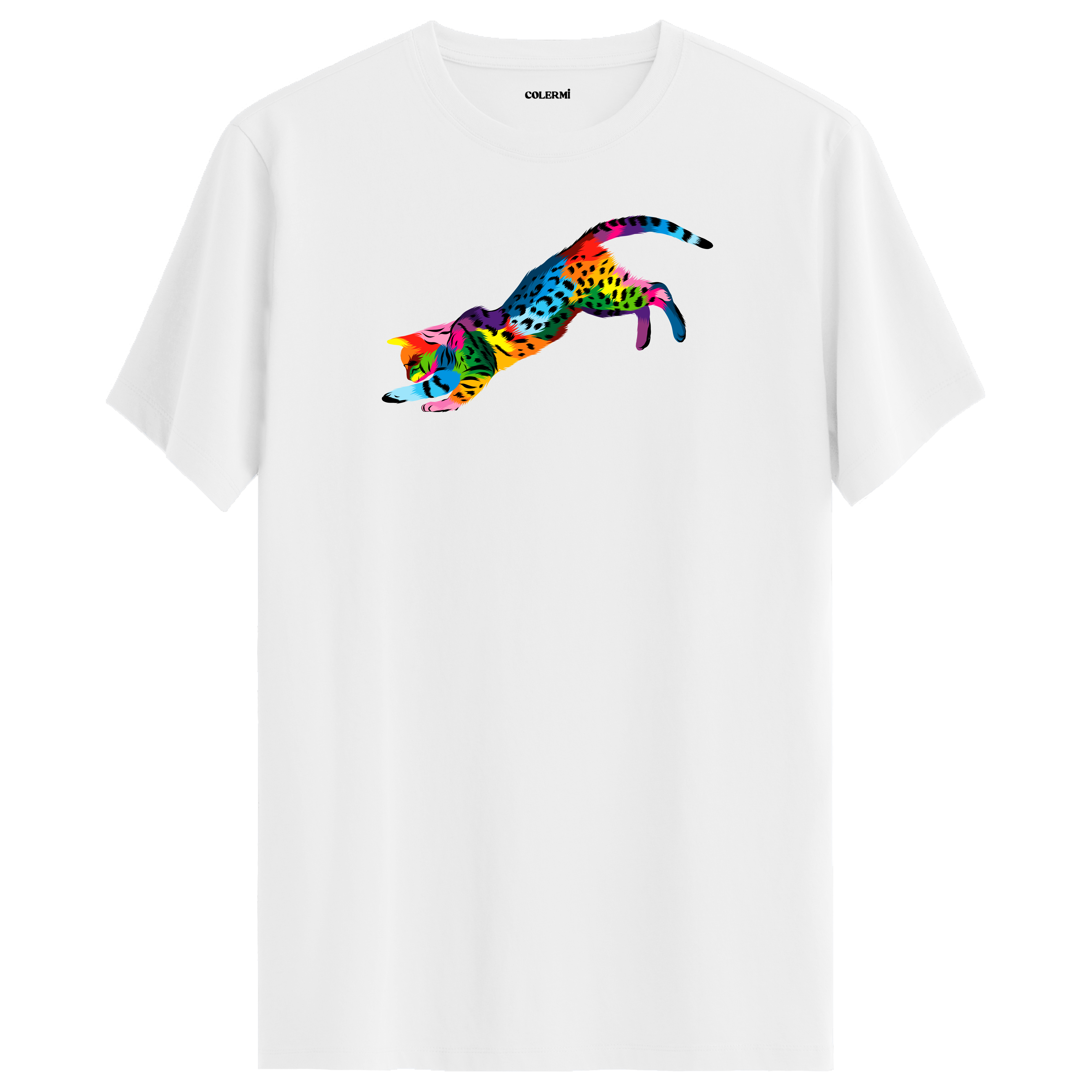 Beyaz tişört üzerinde renkli Nox kedi baskısı