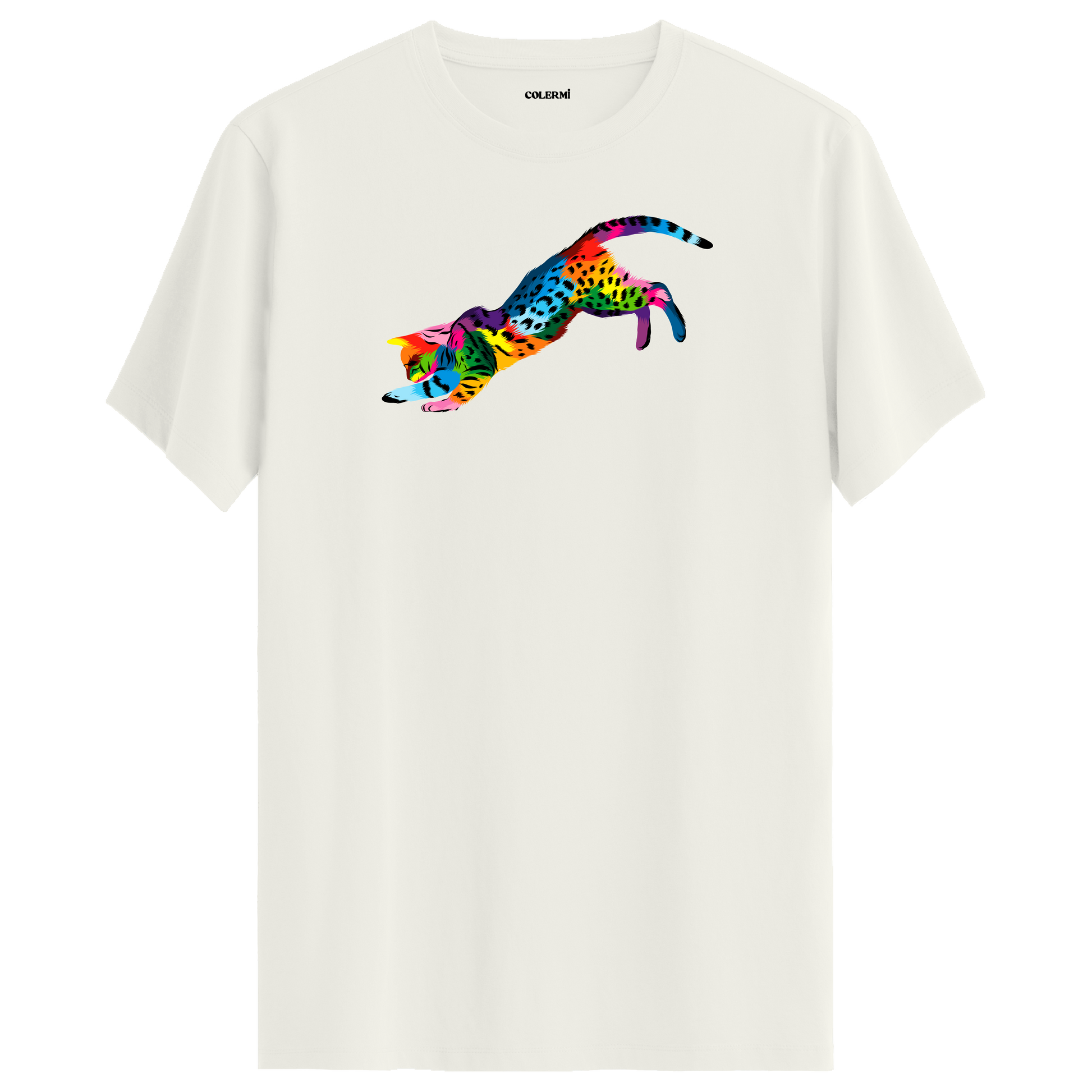 Ekru tişört üzerinde renkli Nox kedi baskısı