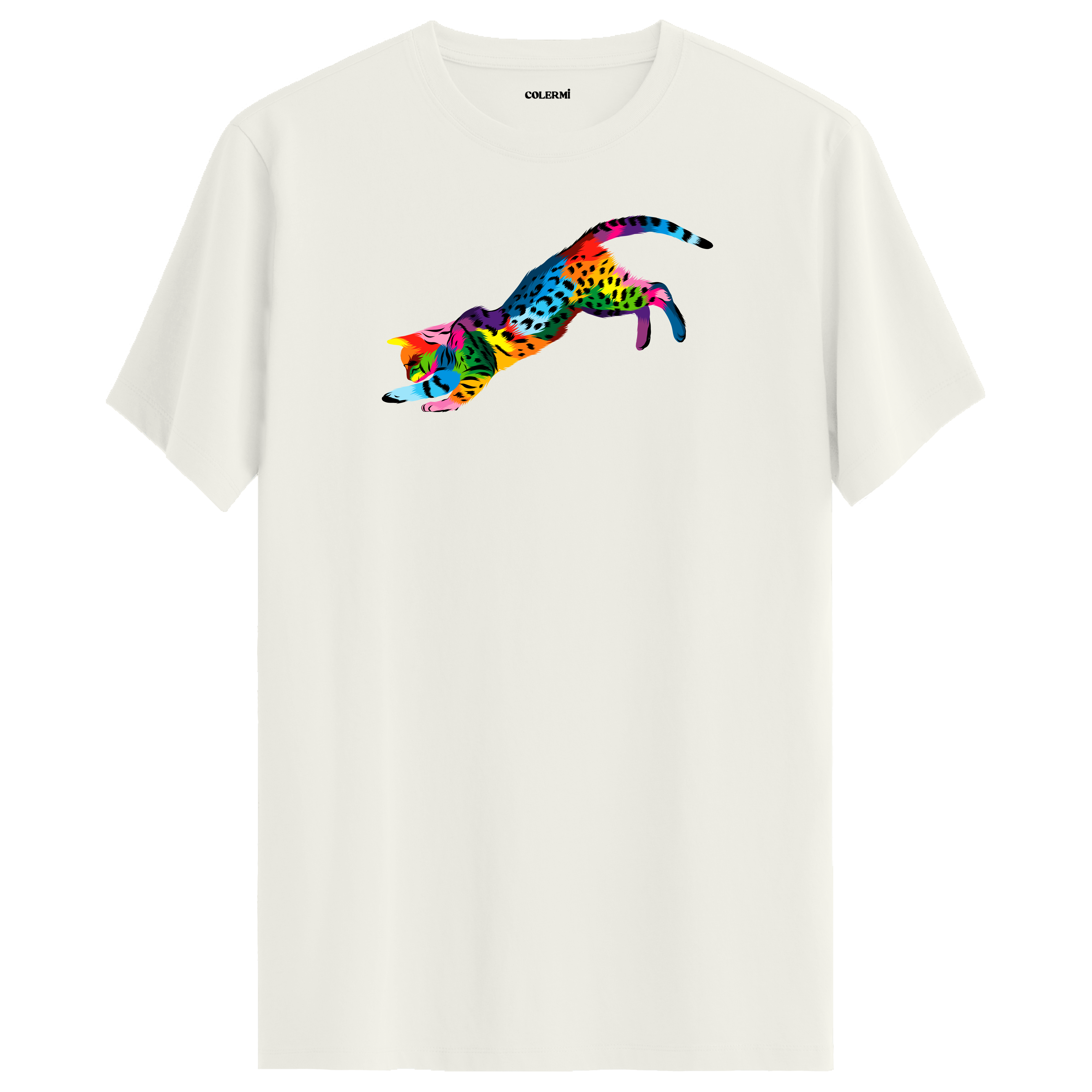 Ekru tişört üzerinde renkli Nox kedi baskısı