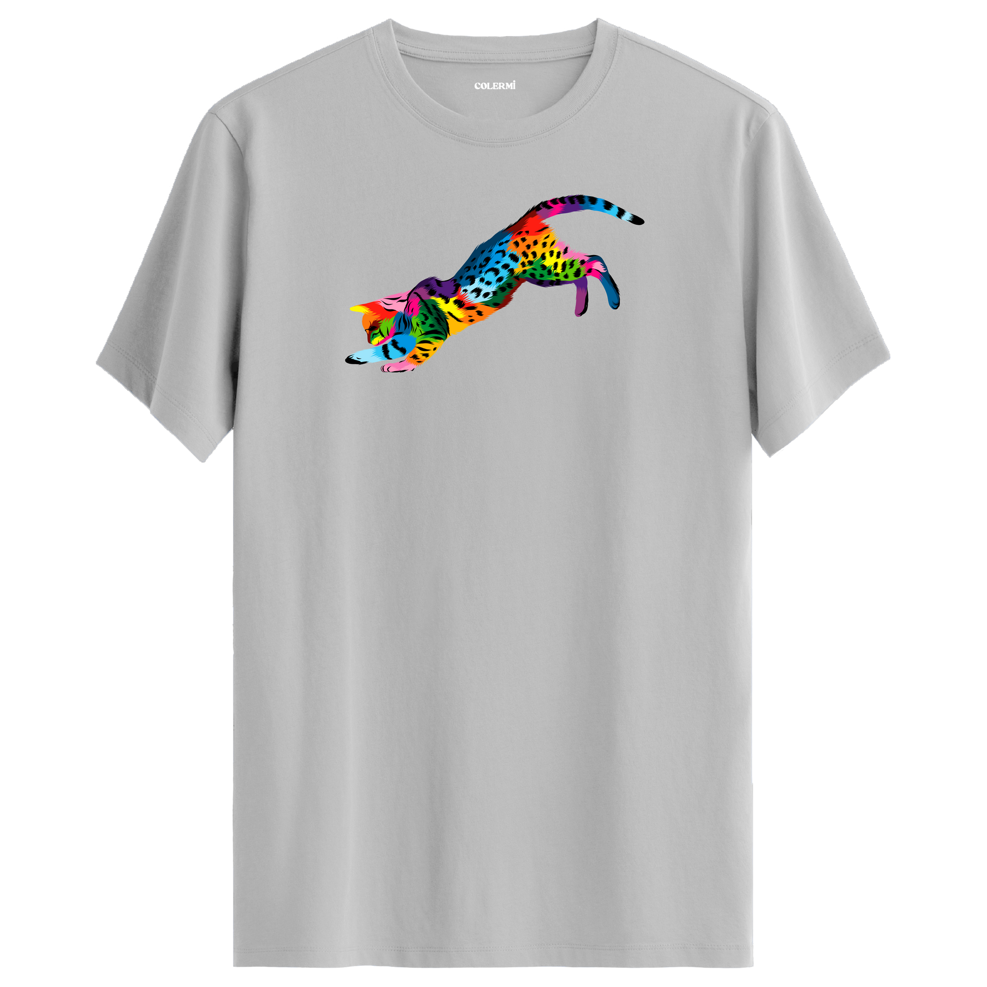 Gri tişört üzerinde renkli Nox kedi baskısı