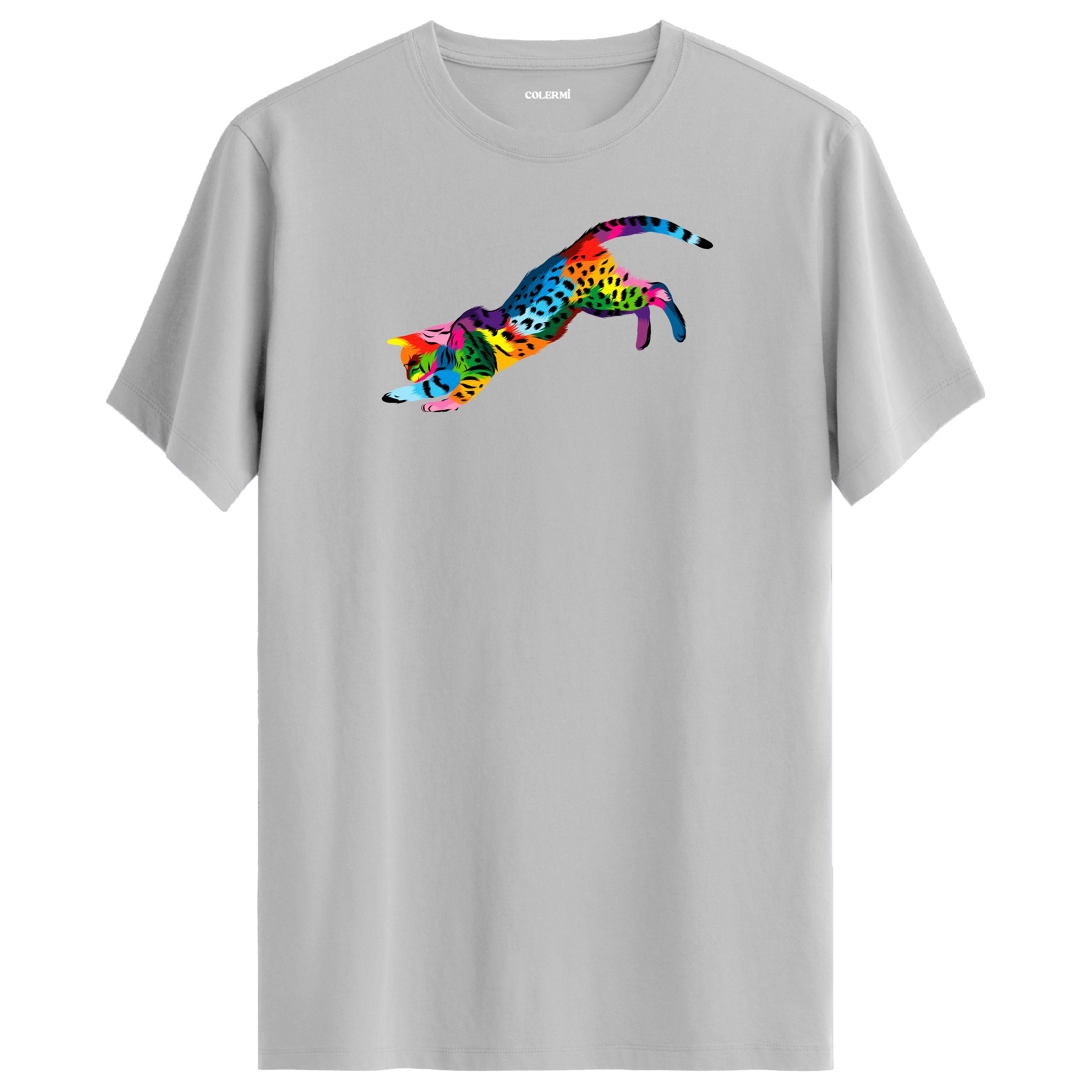 Gri tişört üzerinde renkli Nox kedi baskısı