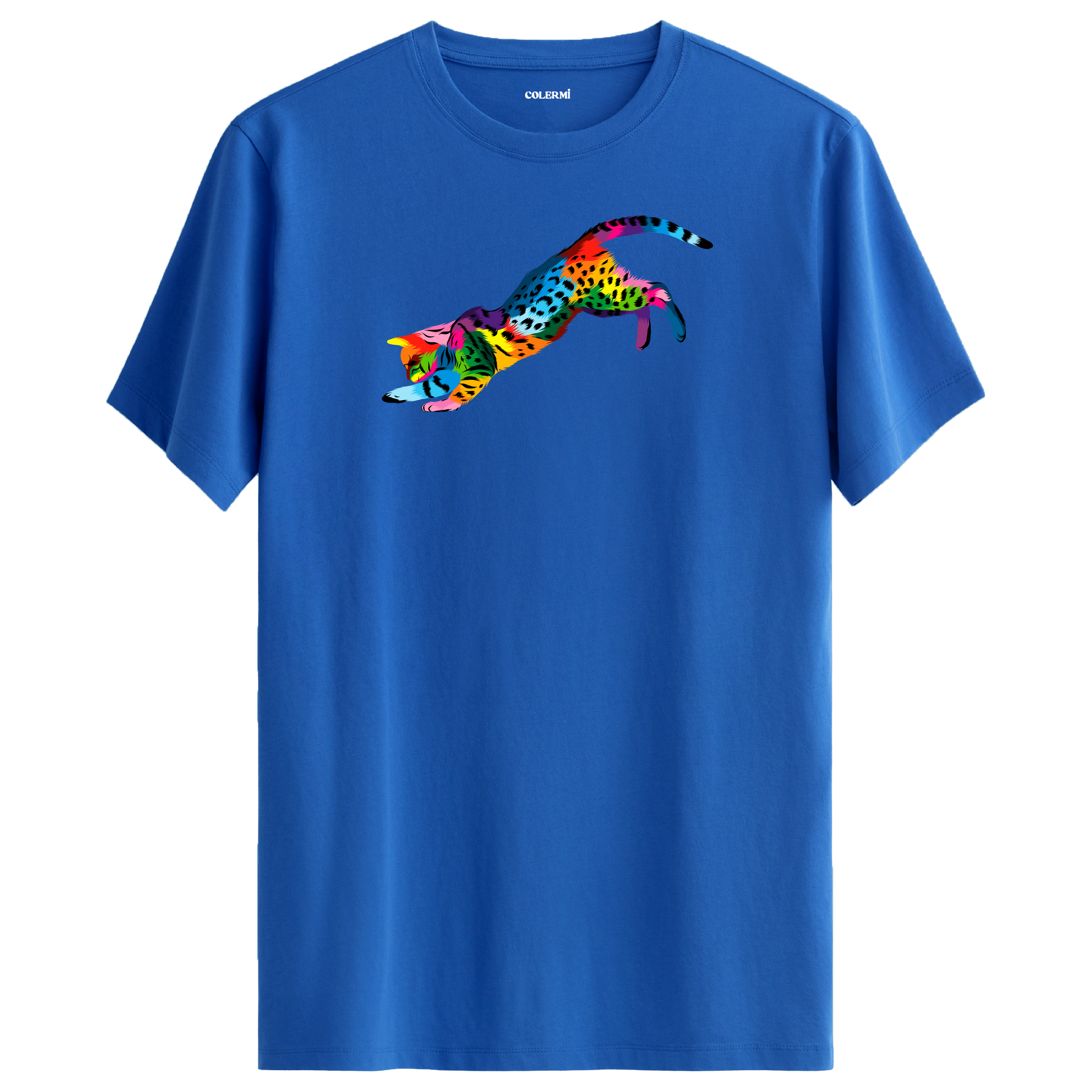 Mavi tişört üzerinde renkli Nox kedi baskısı