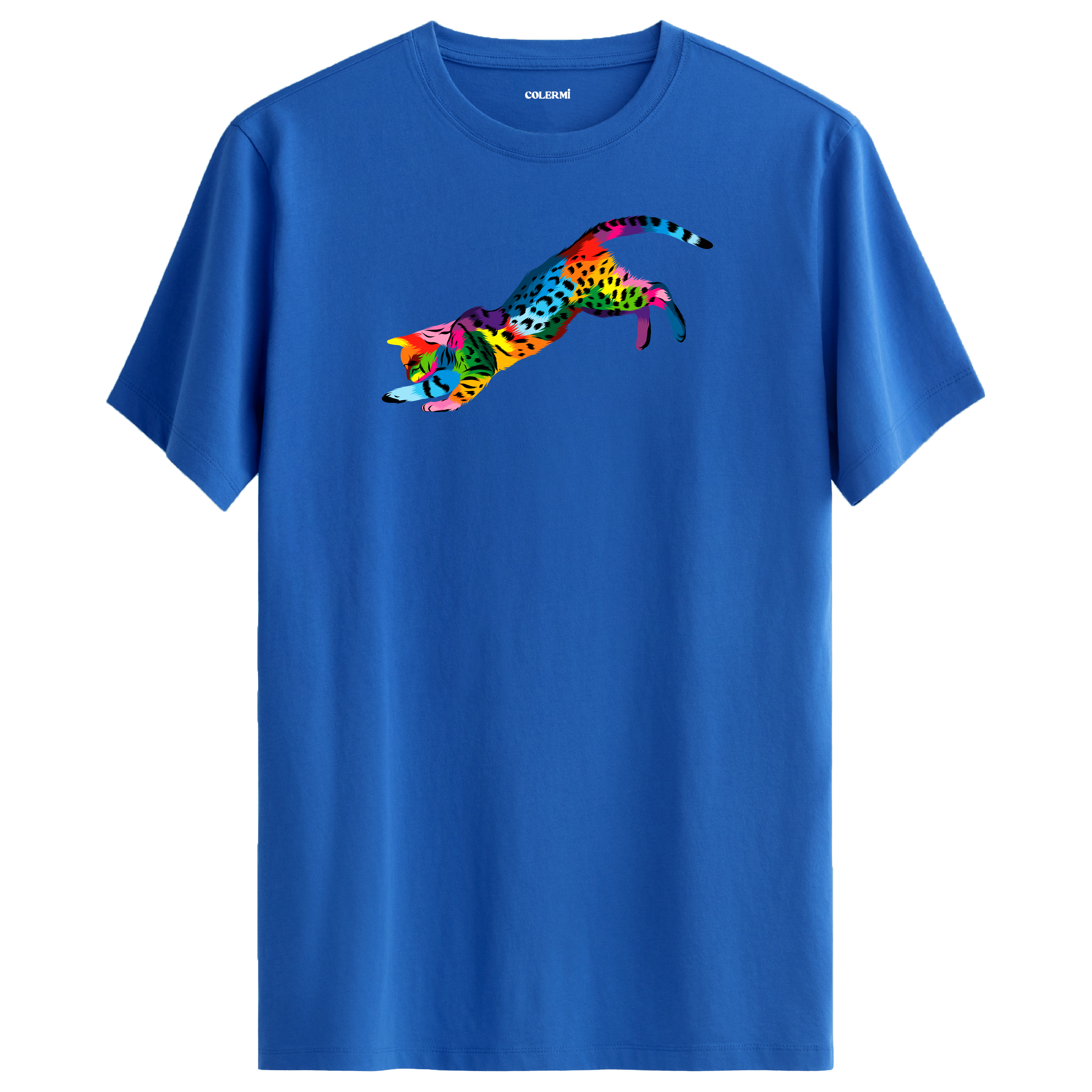 Mavi tişört üzerinde renkli Nox kedi baskısı