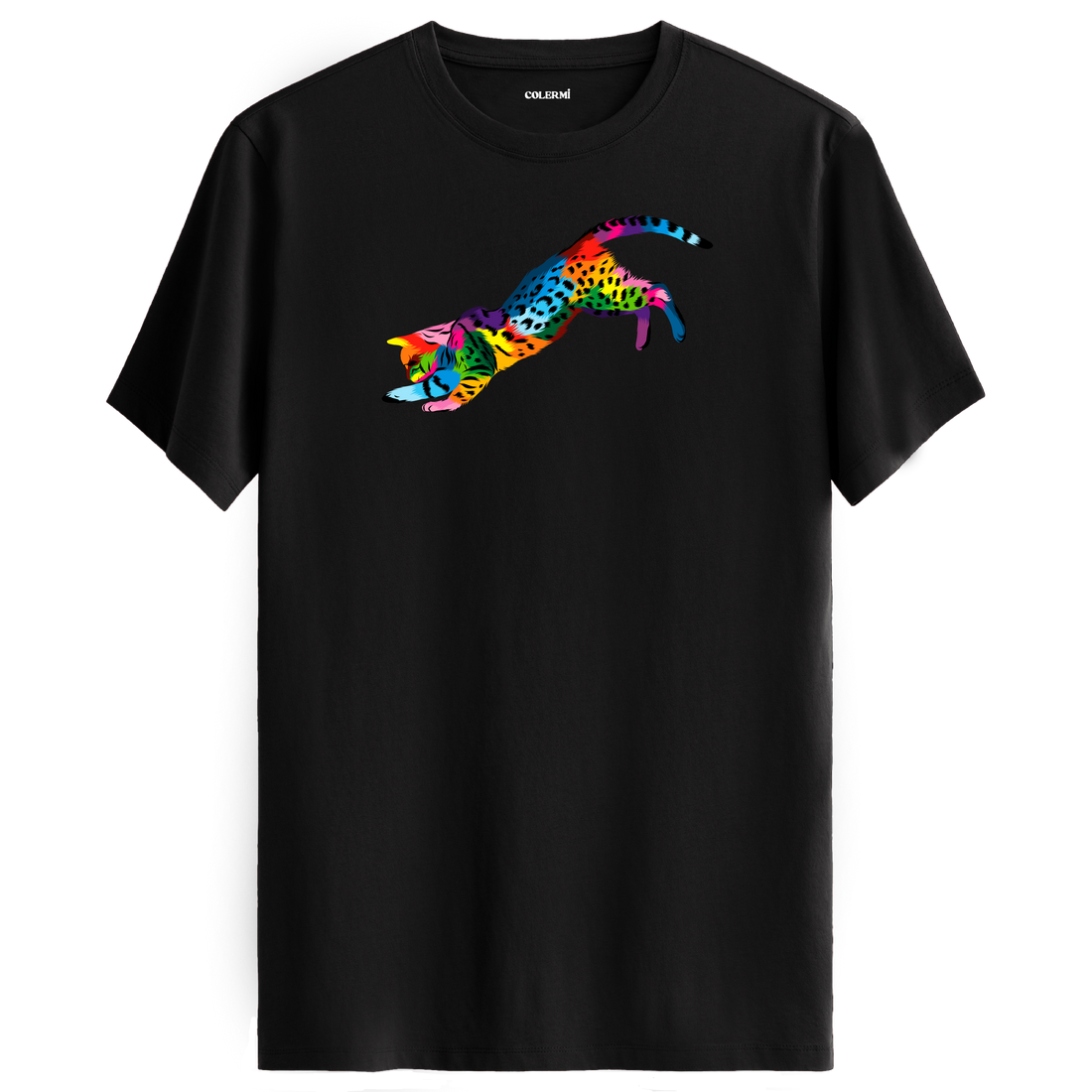 Siyah tişört üzerinde renkli Nox kedi baskısı