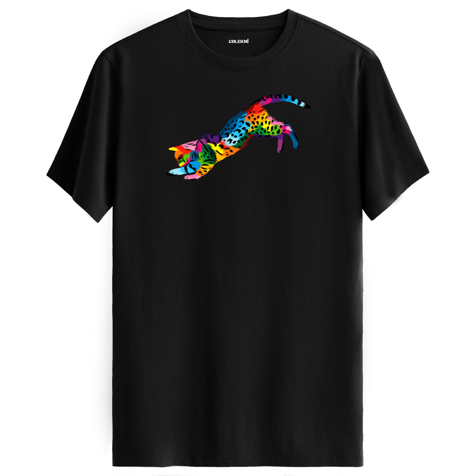 Siyah tişört üzerinde renkli Nox kedi baskısı