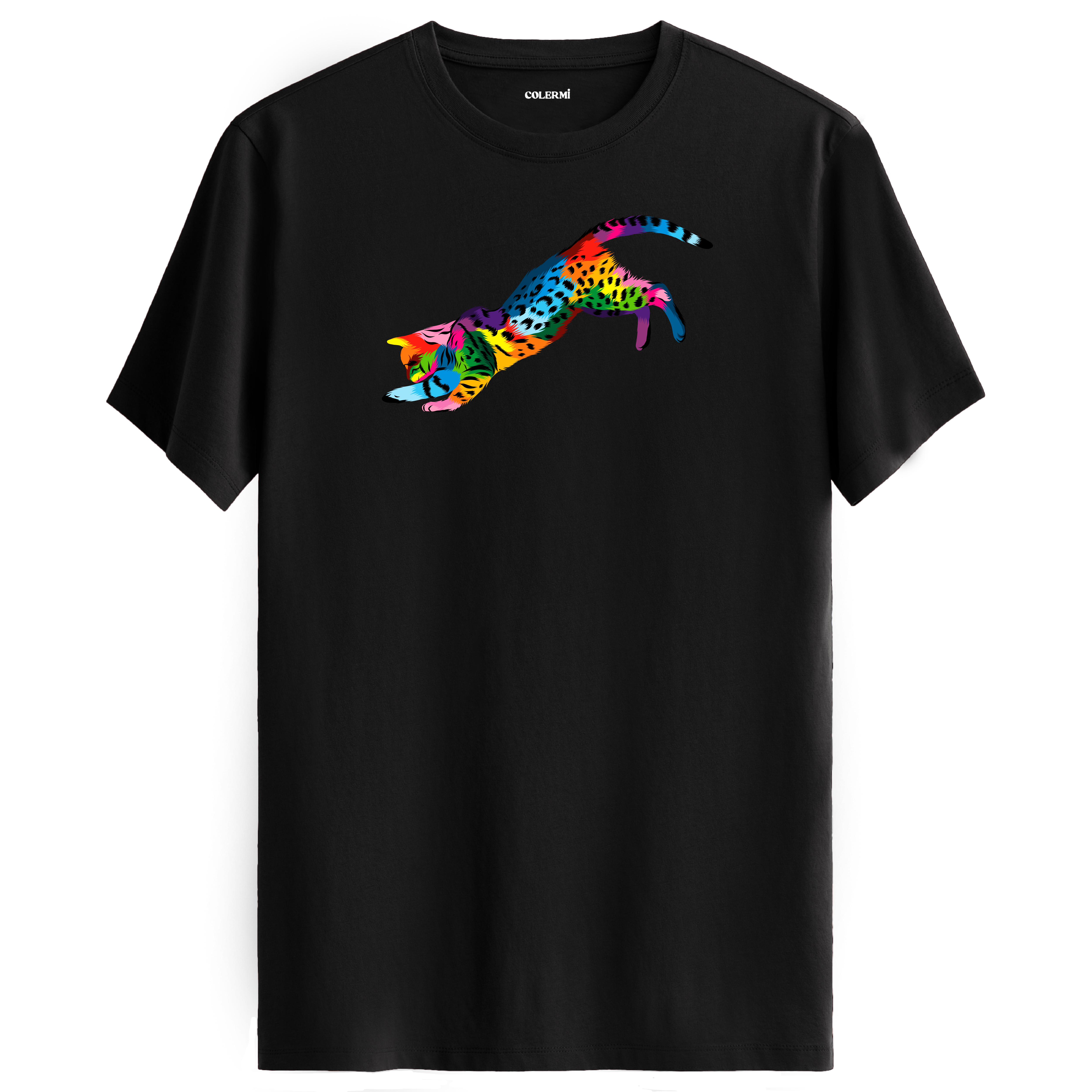 Siyah tişört üzerinde renkli Nox kedi baskısı