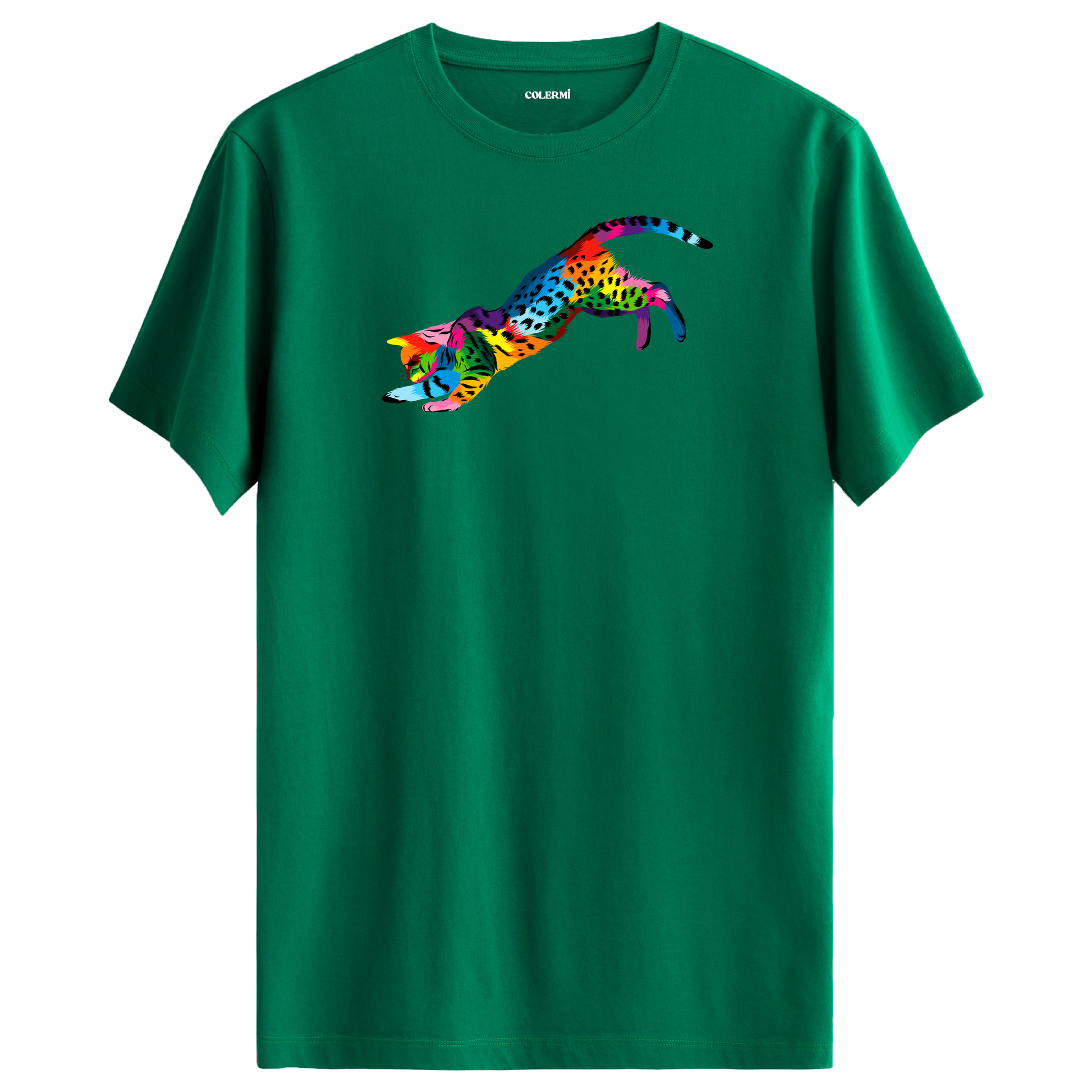 Yeşil tişört üzerinde renkli Nox kedi baskısı