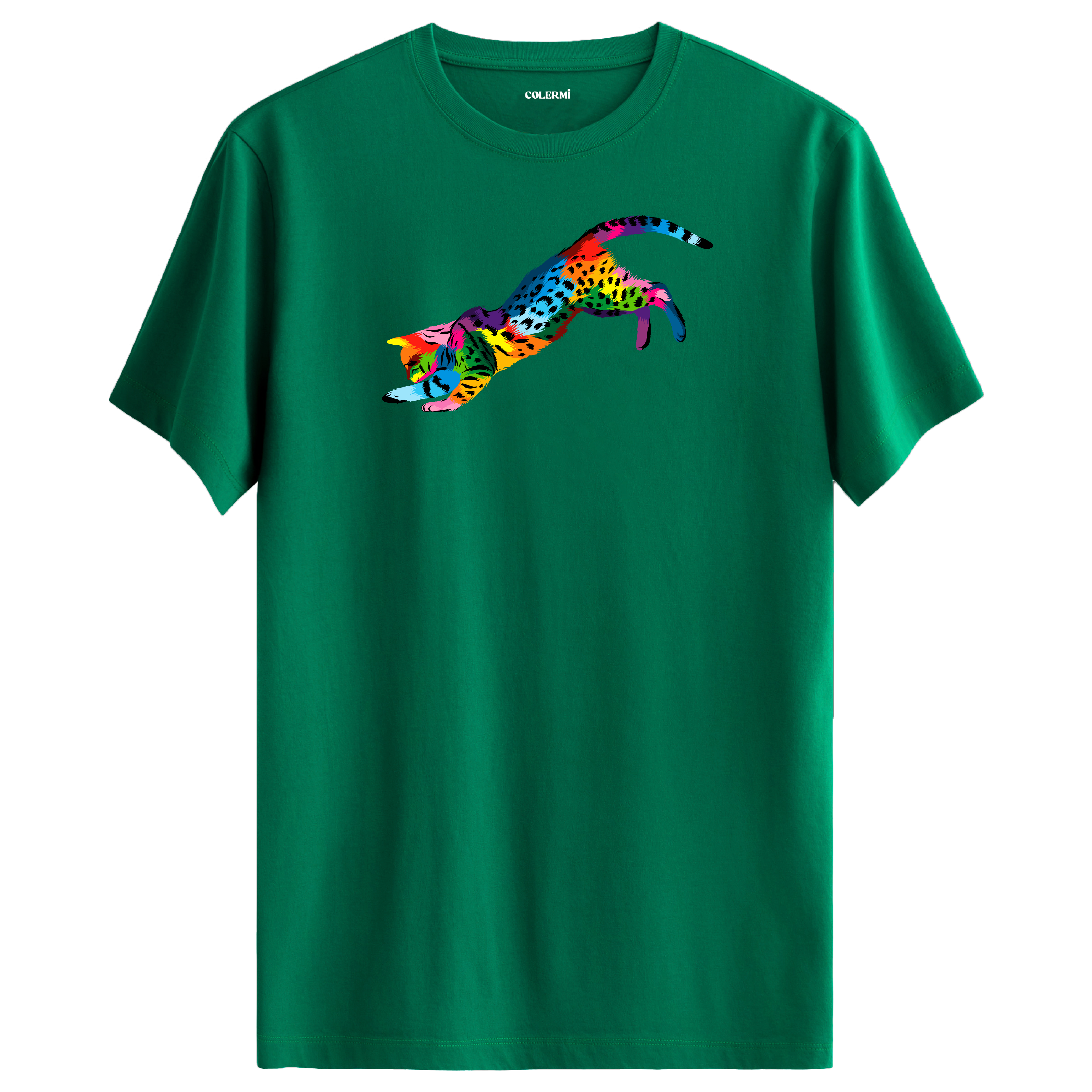 Yeşil tişört üzerinde renkli Nox kedi baskısı