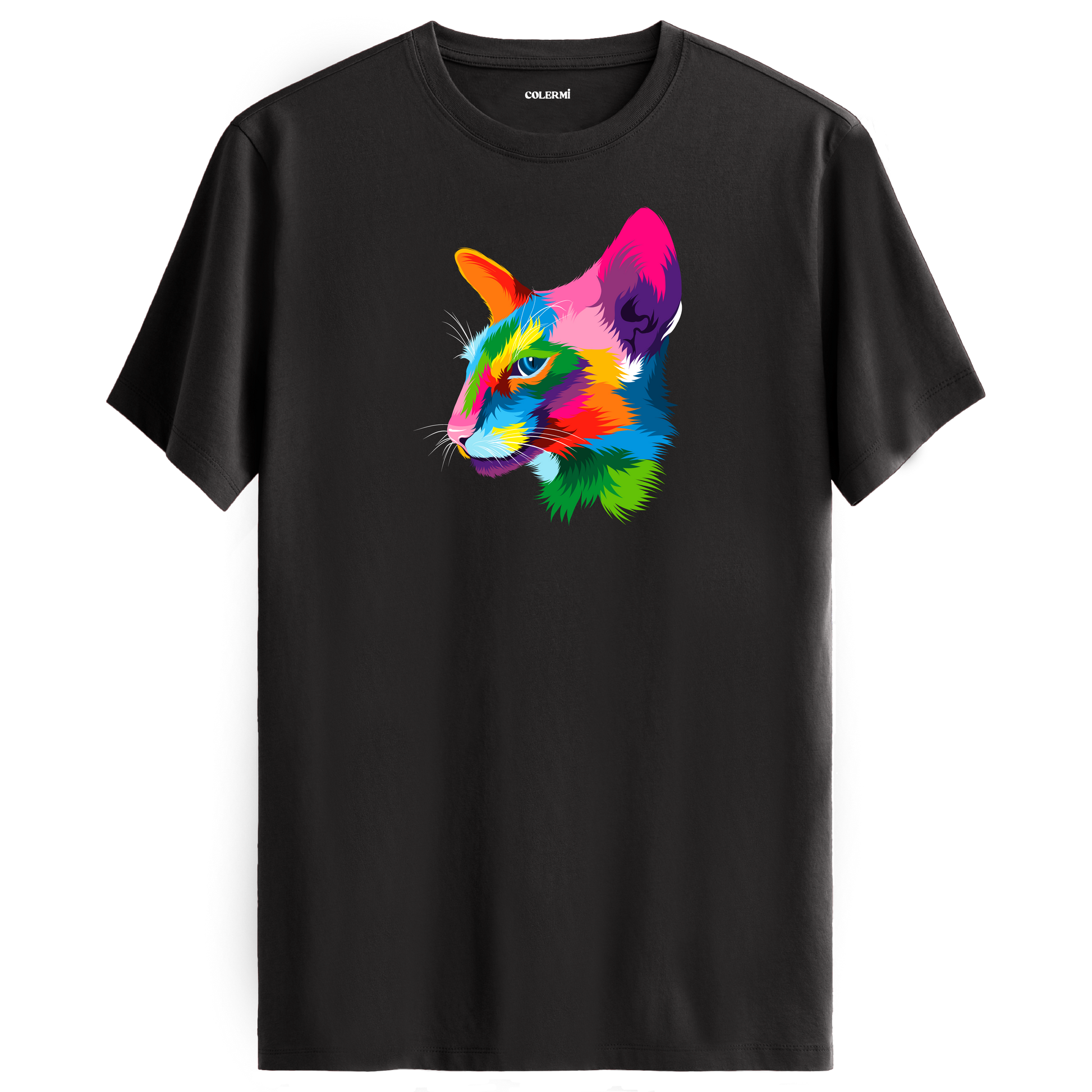 Antrasit tişört üzerinde renkli Orion kedi baskısı