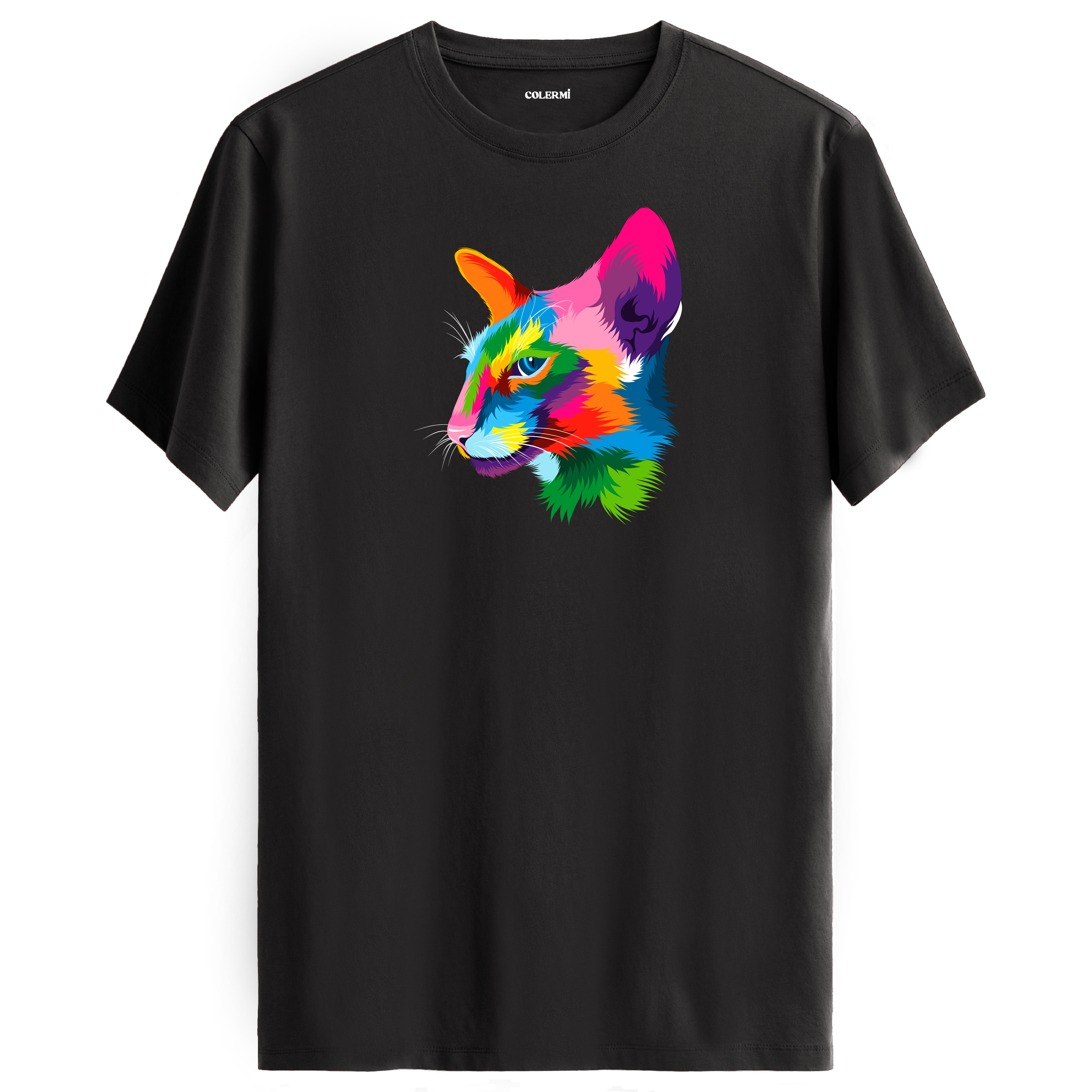 Antrasit tişört üzerinde renkli Orion kedi baskısı