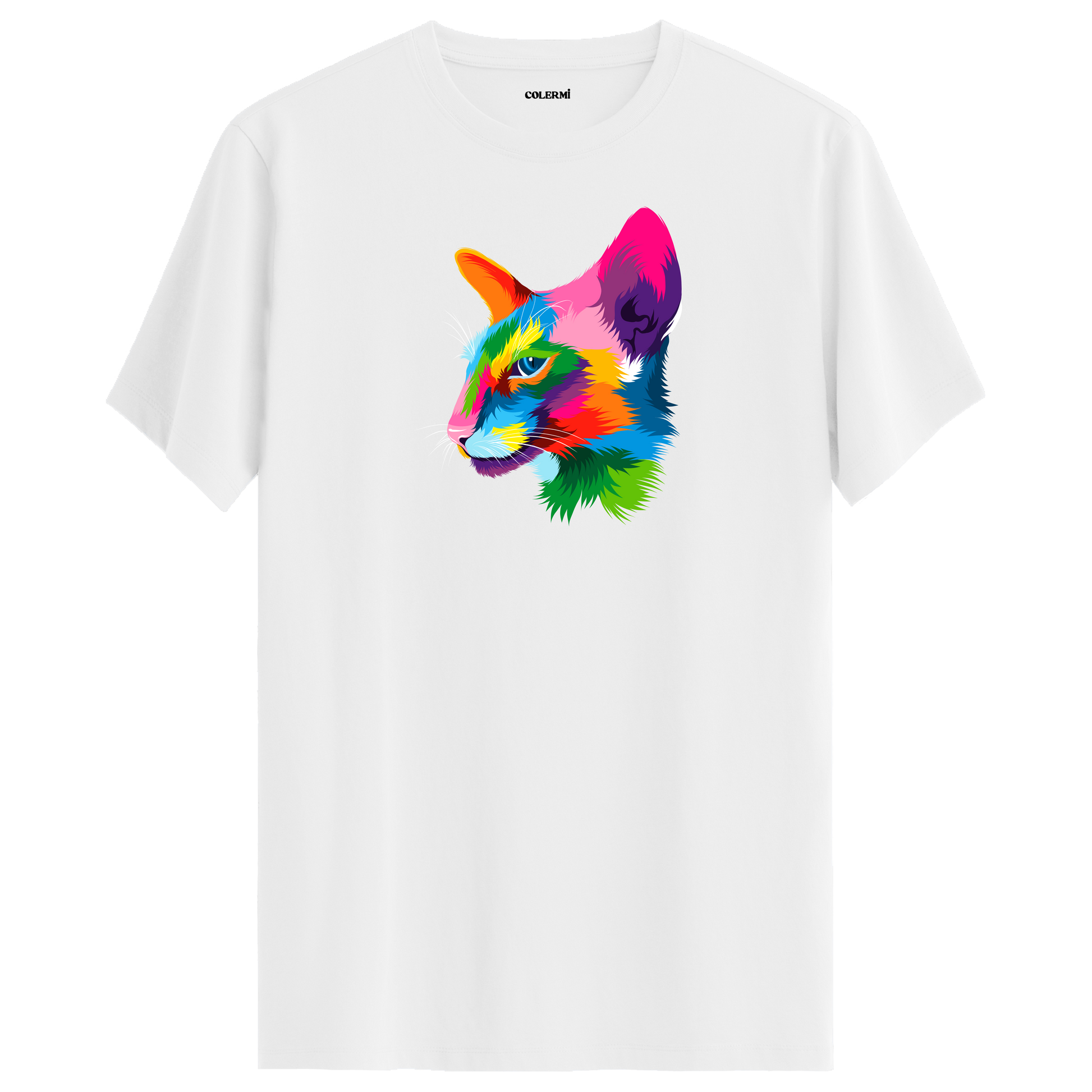 Beyaz tişört üzerinde renkli Orion kedi baskısı
