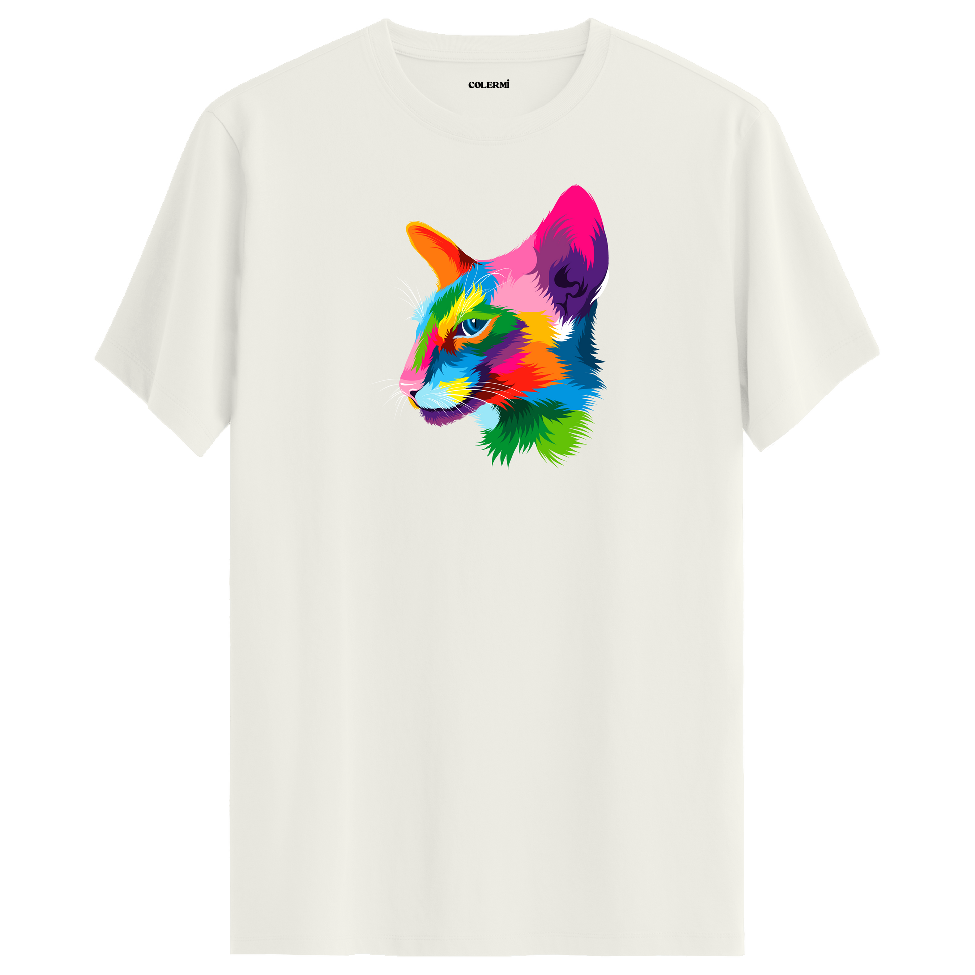Ekru tişört üzerinde renkli Orion kedi baskısı