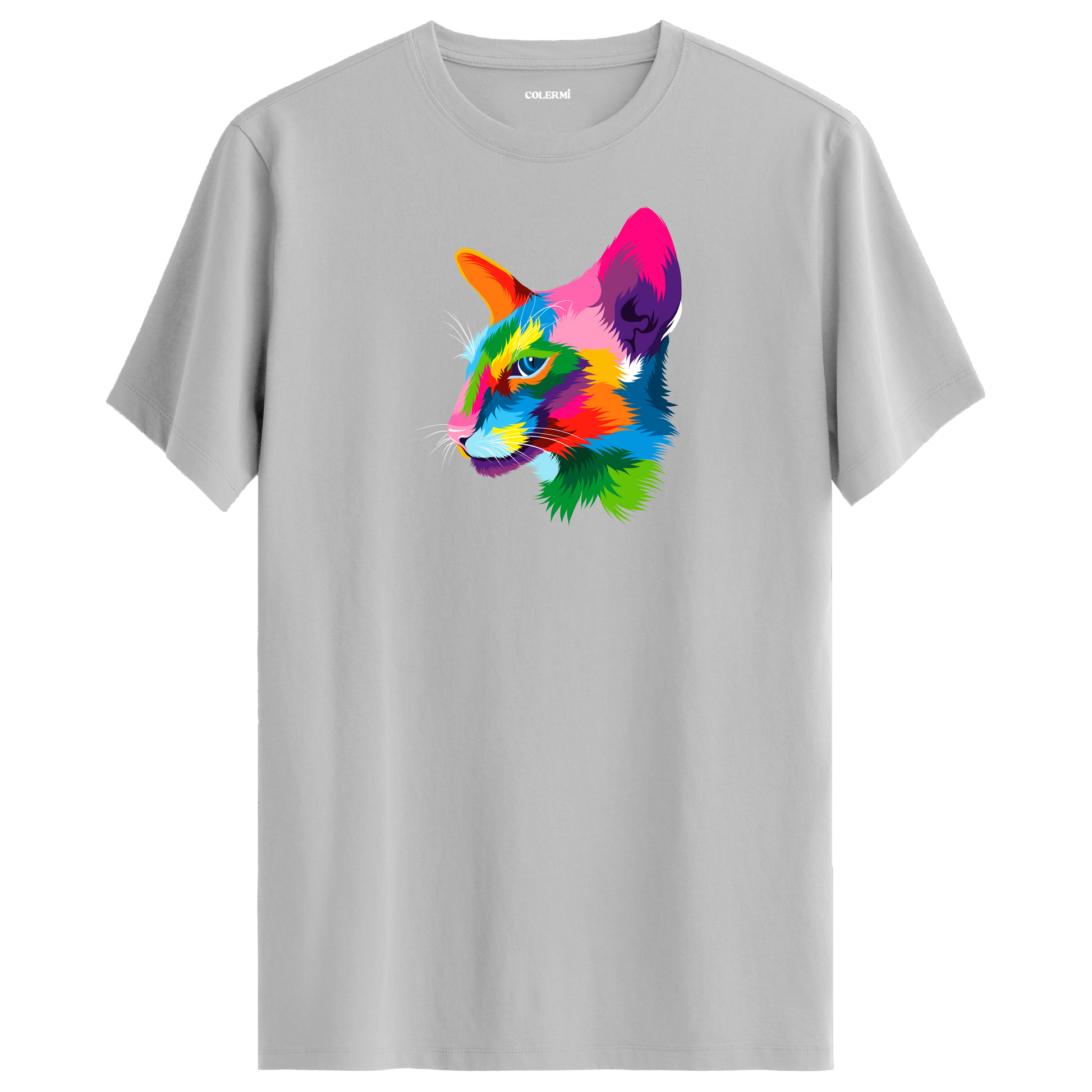 Gri tişört üzerinde renkli Orion kedi baskısı