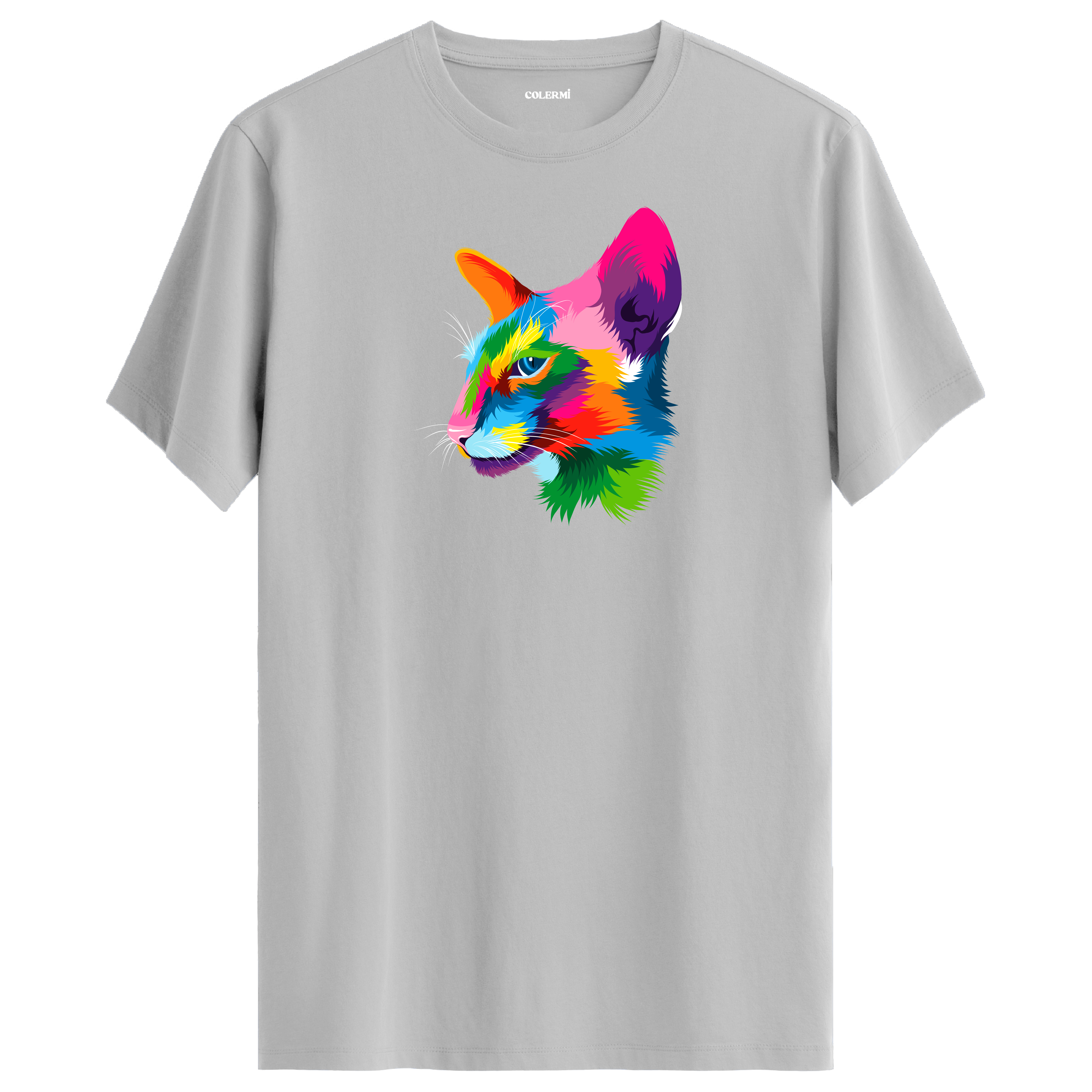 Gri tişört üzerinde renkli Orion kedi baskısı